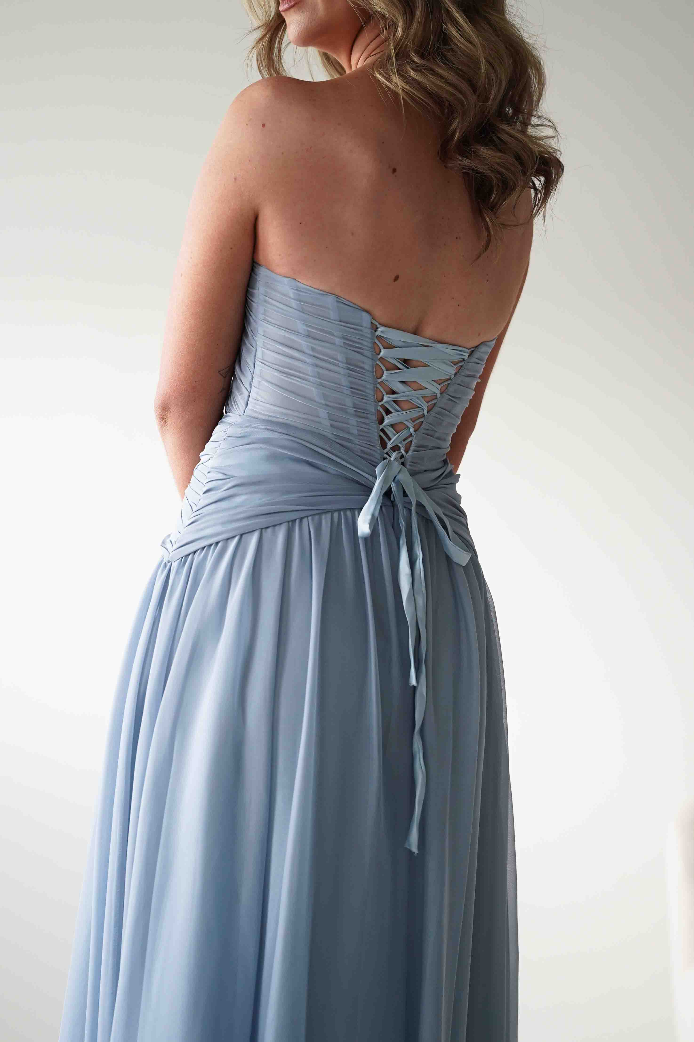 Nicolette Strapless Chiffon Maxi Gown | Dusty Blue