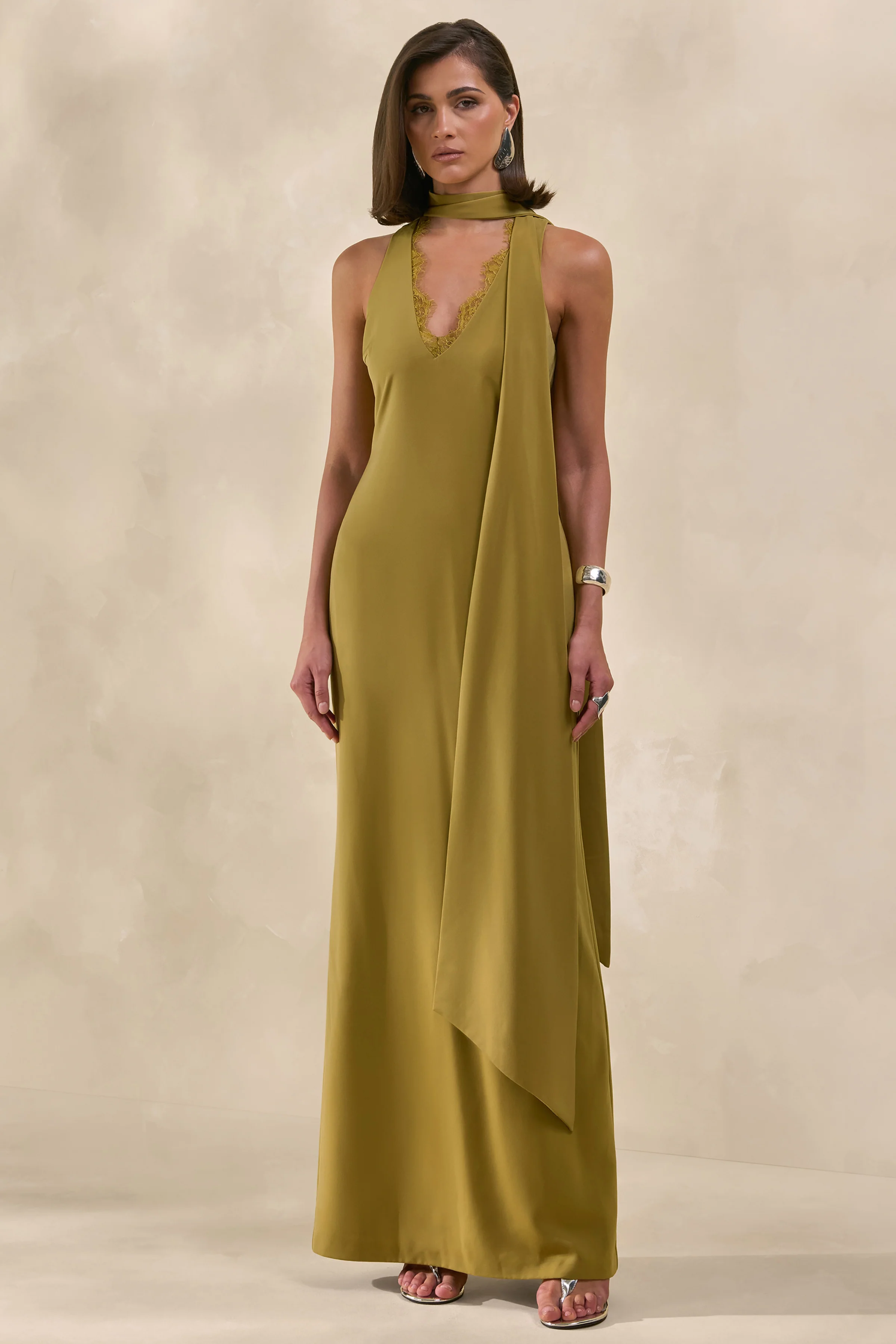 True Icon | Olive Satin High-Neck Maxi Slip Dress With Sash