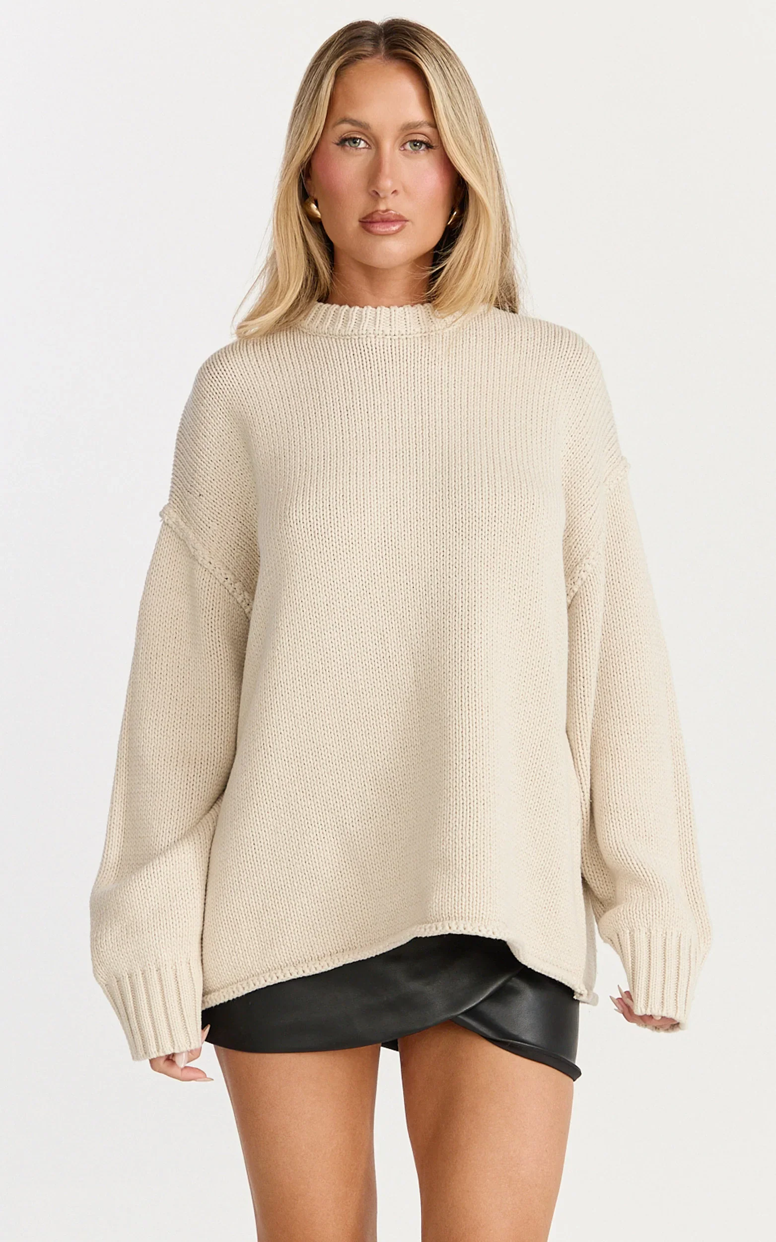 Kira Jumper - Crew Neck Oversized Knit Jumper in Beige