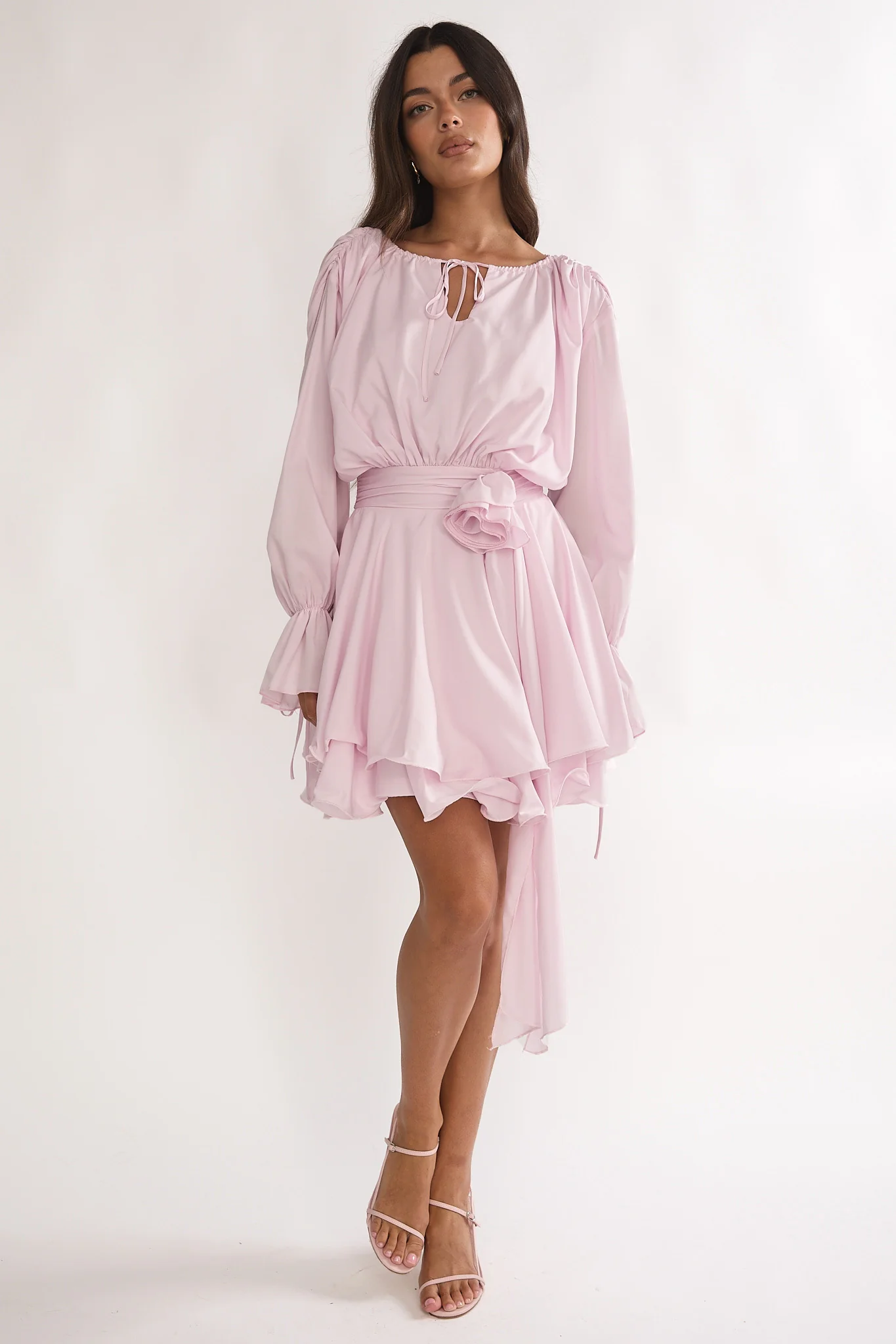 Maeva Long Balloon Sleeve Rosette Mini Dress Baby Pink