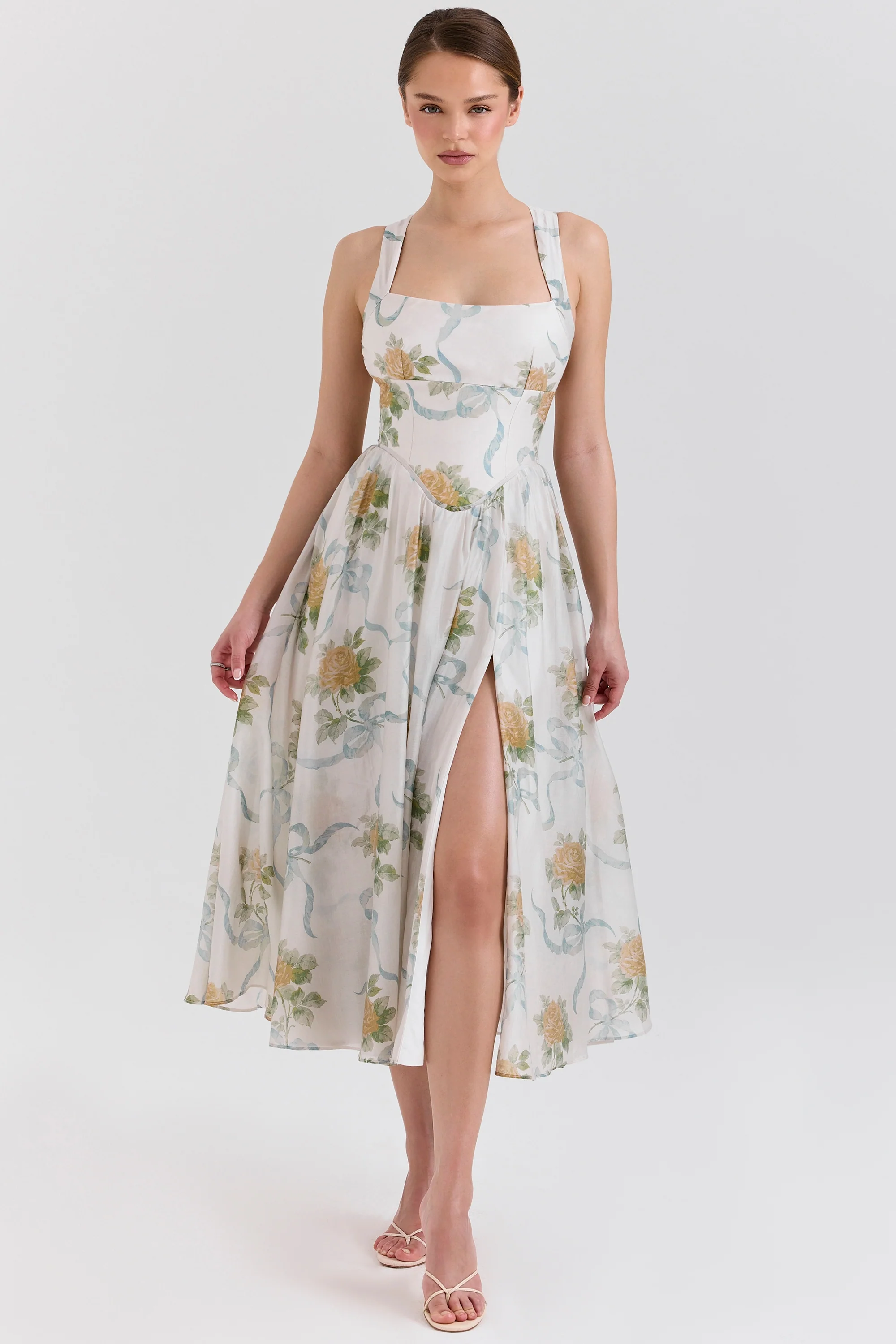 Soft Blue Vintage Ribbon Print Chiffon Midi Dress