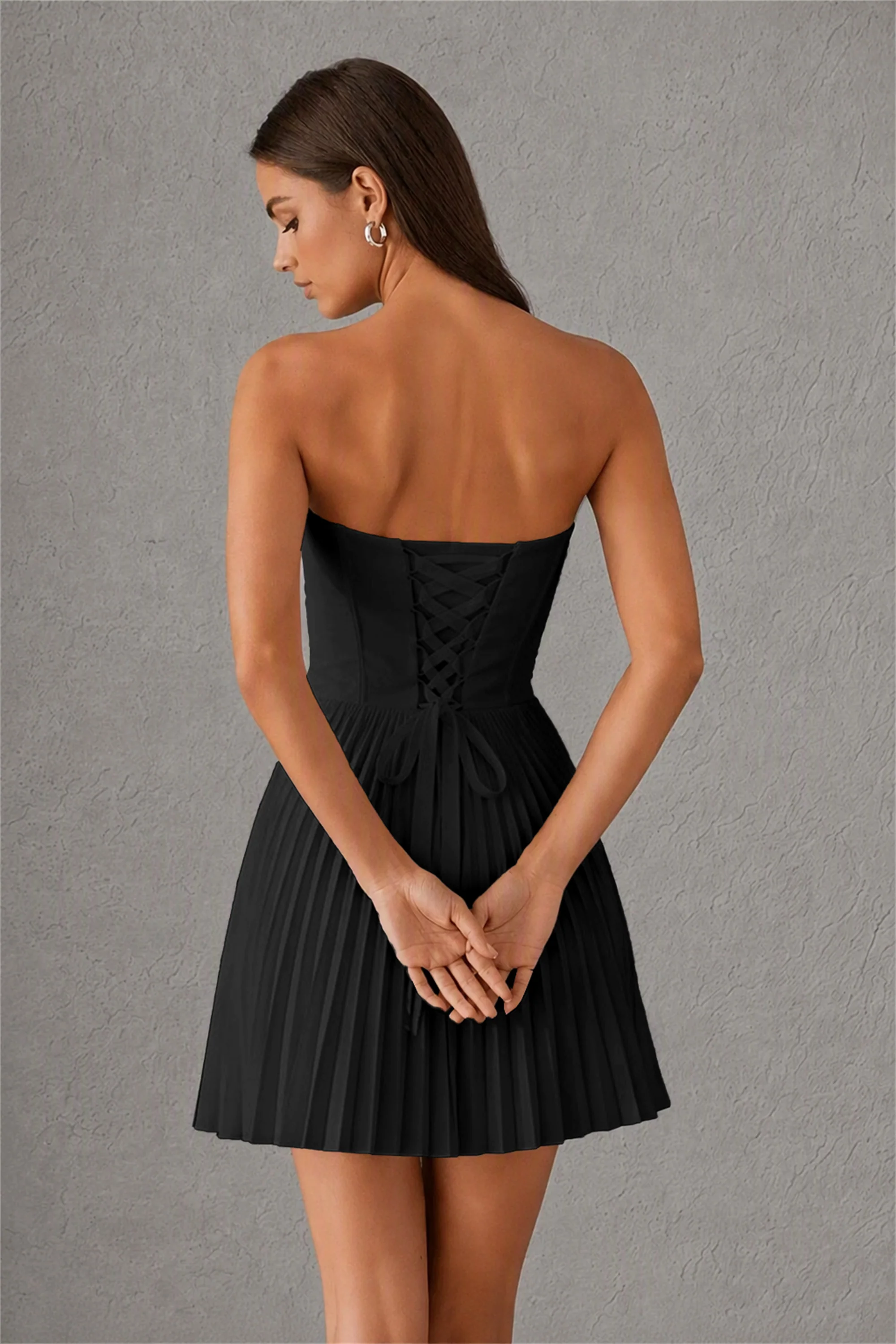 BOLODOO Black Strapless Sweetheart Pleated Corset Mini Dress with Lace-Up Back