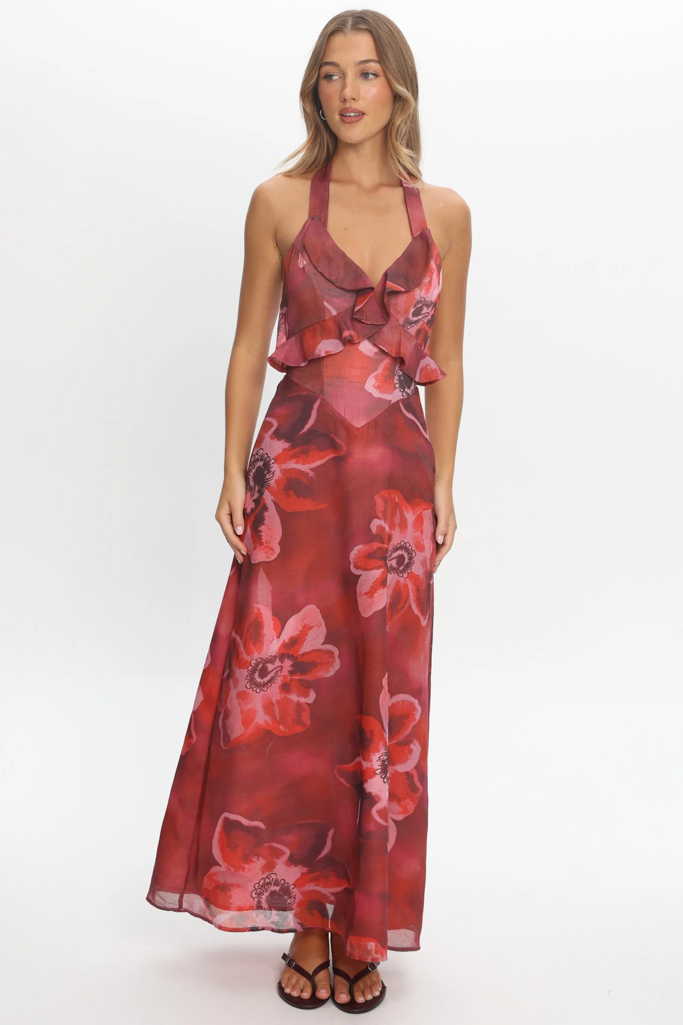 First Dates Frill Trim Maxi Dress Print Red