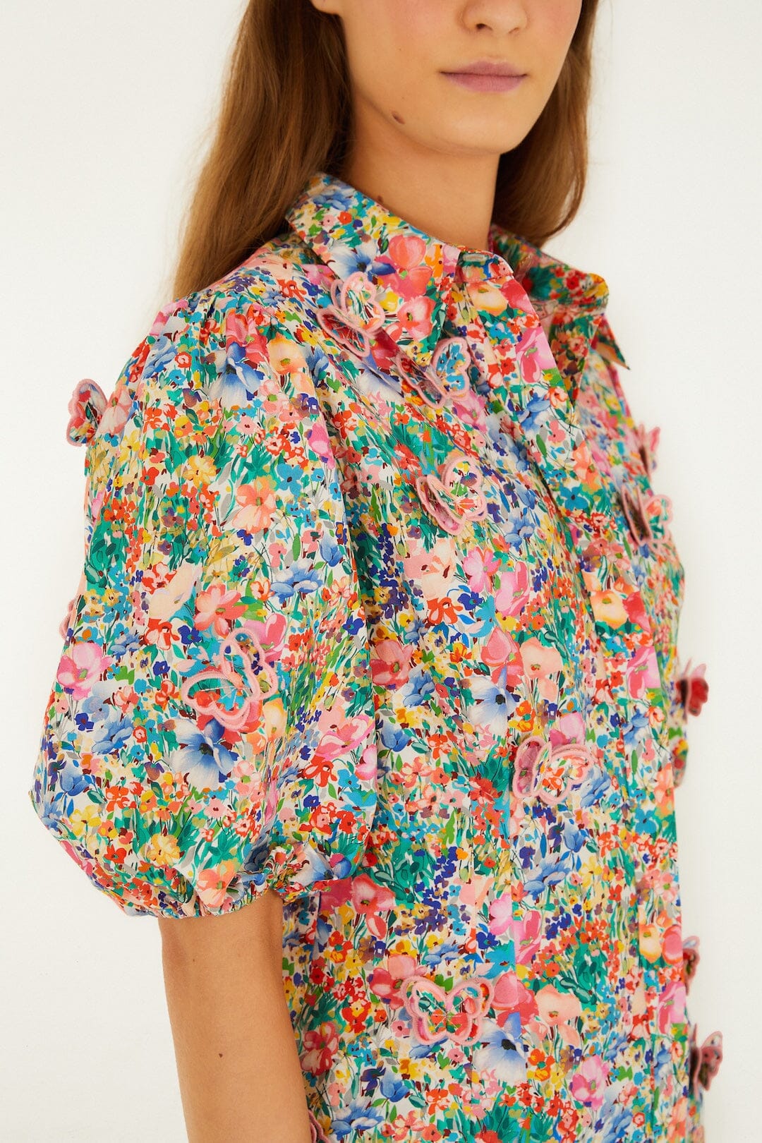 Off-White Peasant Floral Butterflies  Blouse
