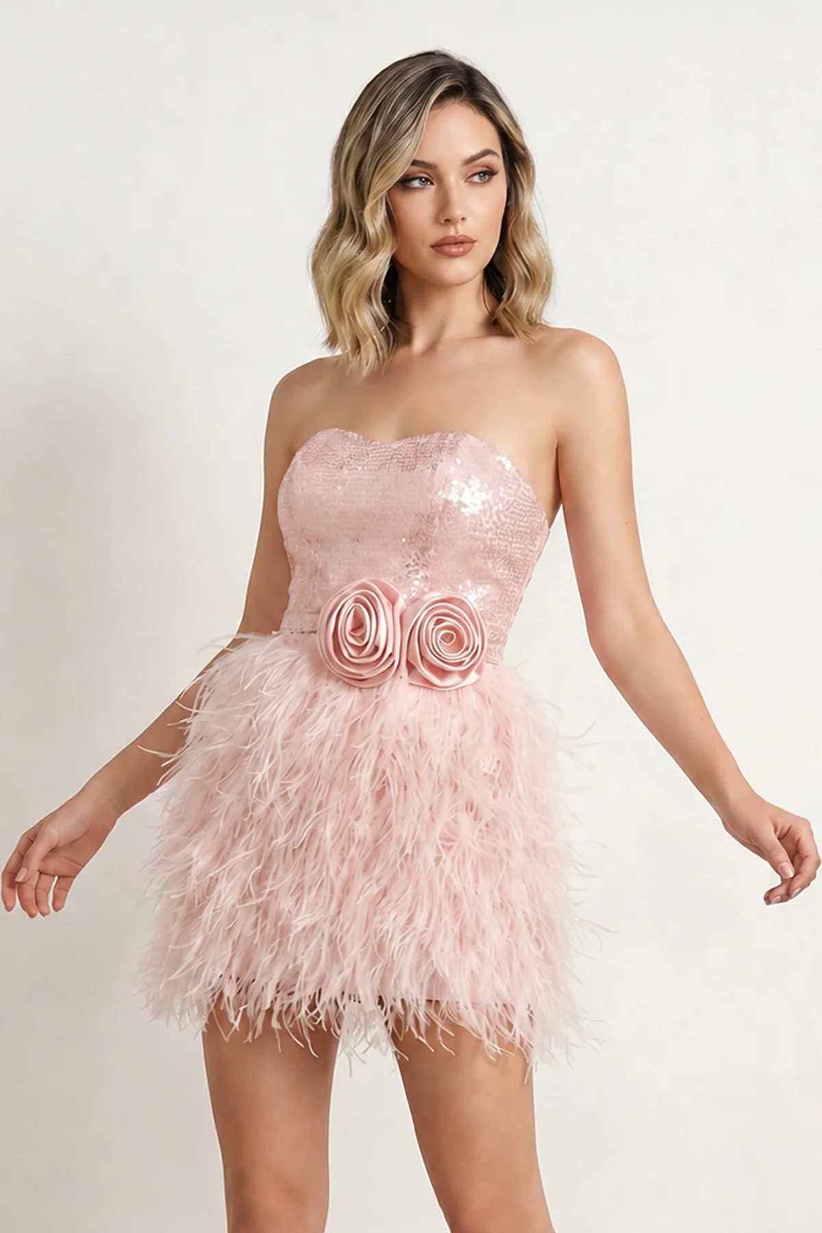Pink - Bodycon Strapless Sequin Mini Homecoming Dresses with Feathers