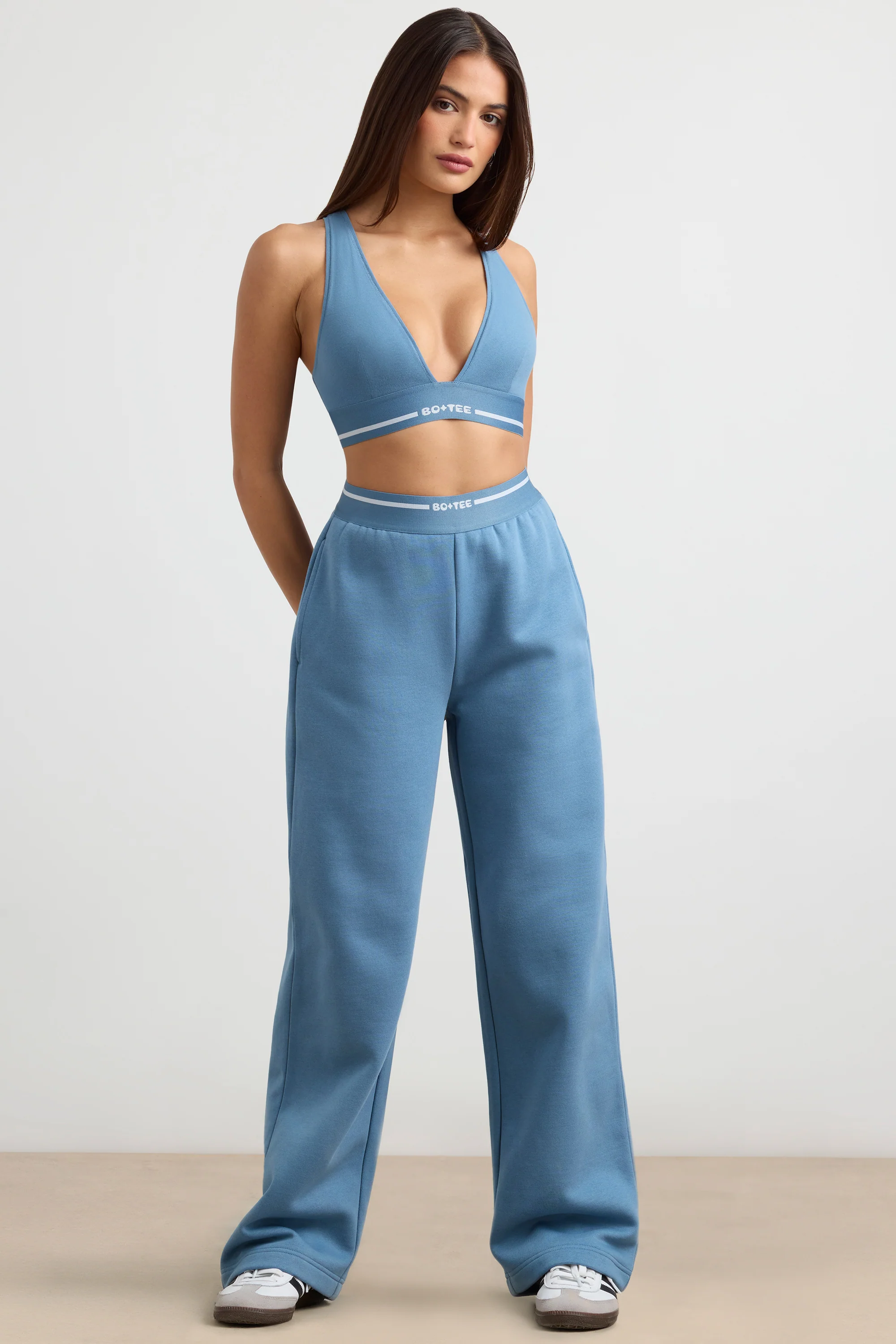 Stretch Cotton Jersey Plunge-Neck Crop Top in Steel Blue