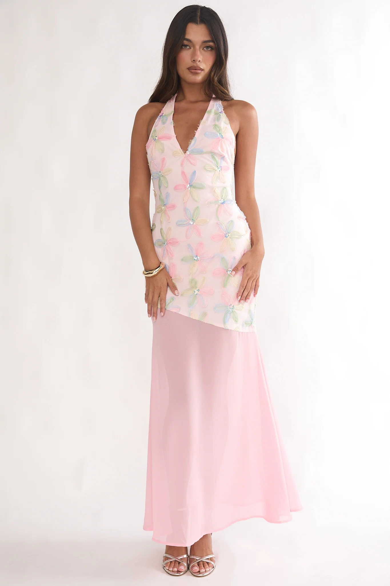 Arles Halterneck Sequin Embellished Maxi Dress Pink