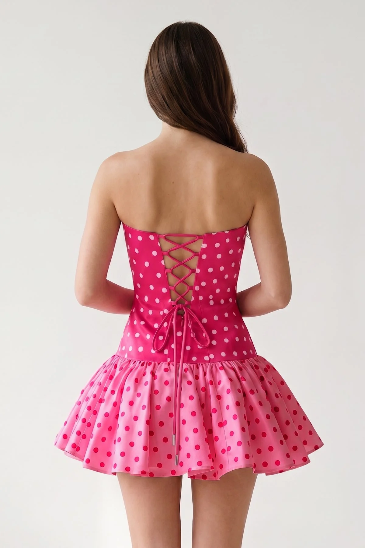 Blue Polka Dots Strapless A-Line Satin Homecoming Dress With Bow