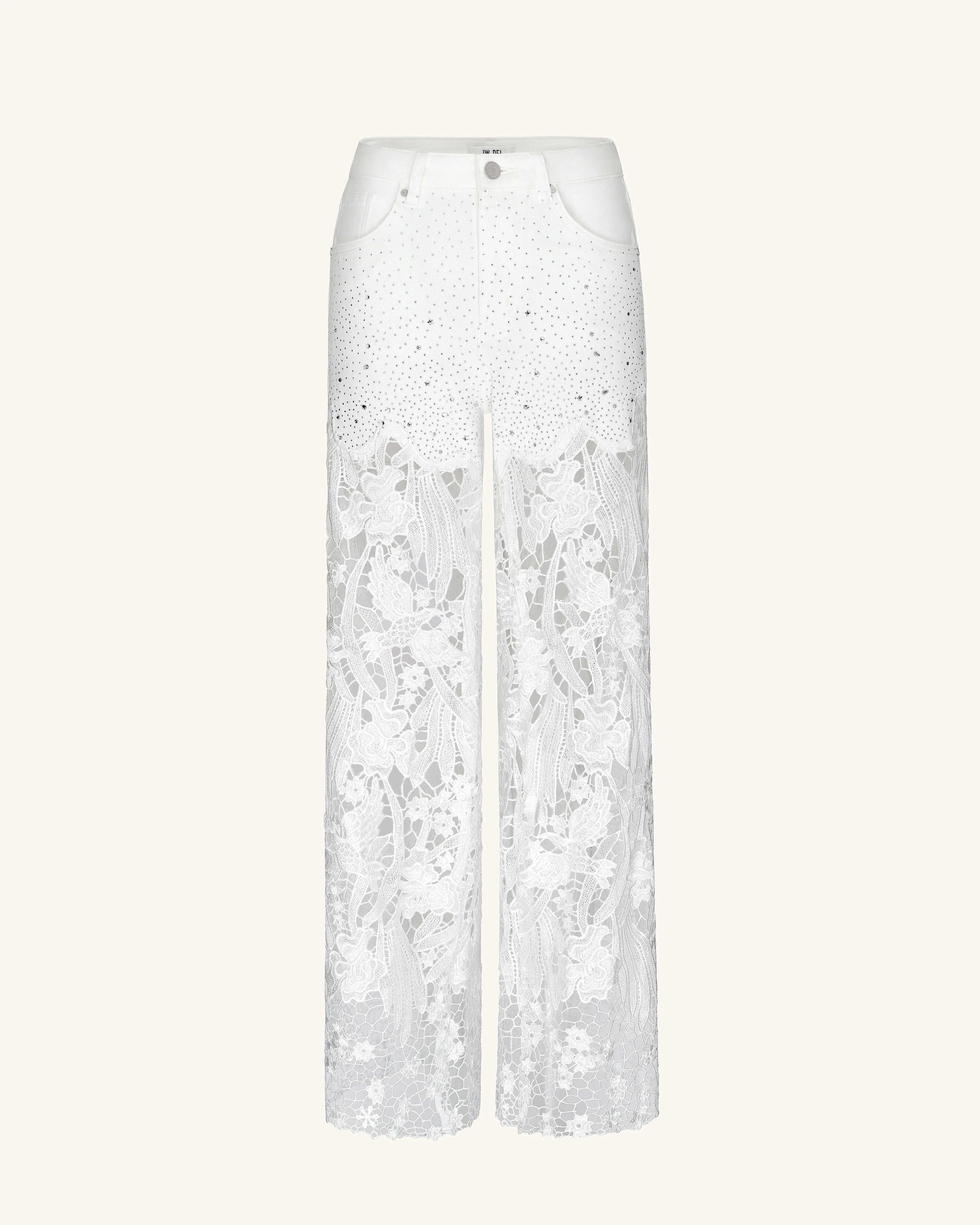Embroidery High Rise Wide Leg Lace Denim Jeans With Rhinestone - White