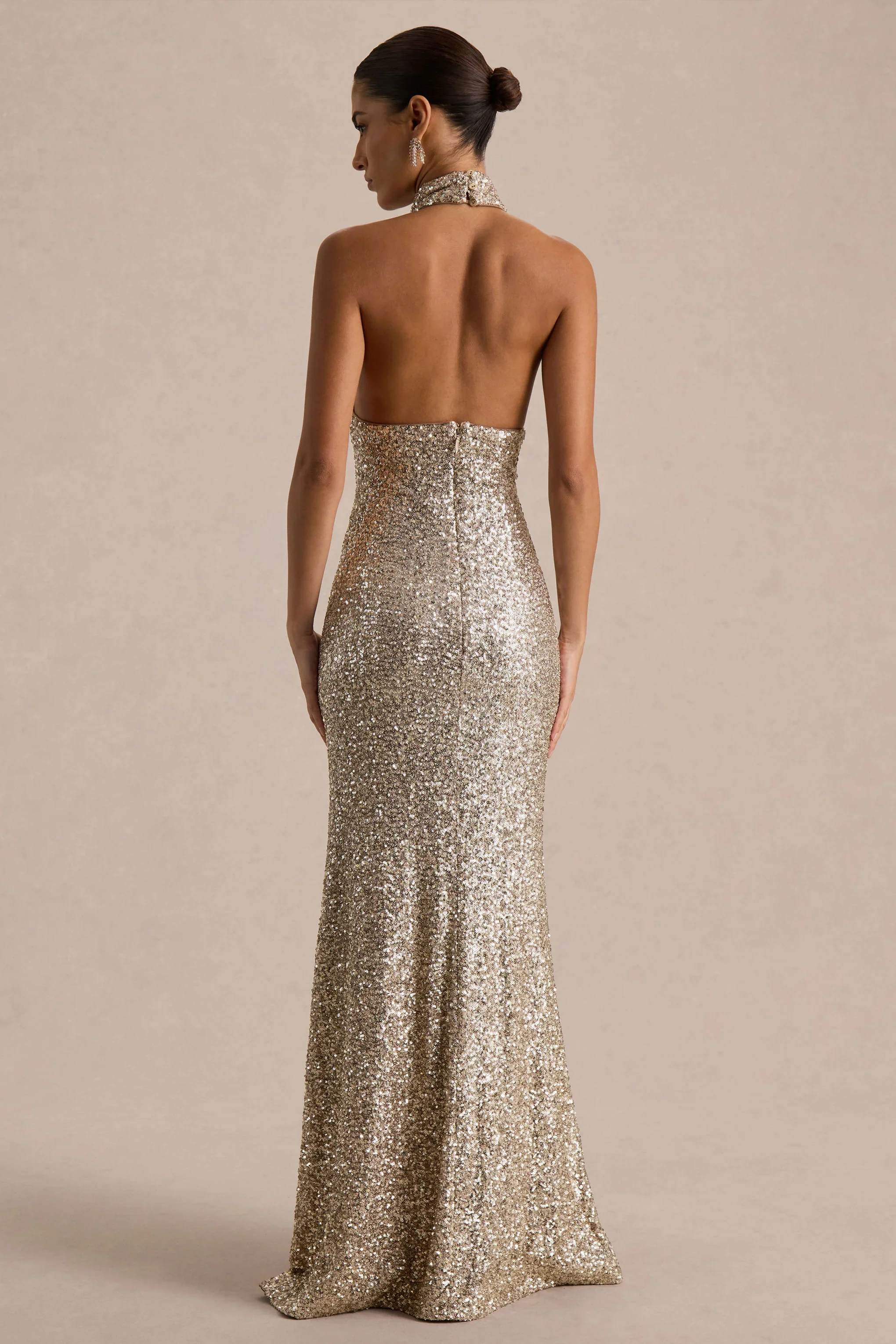 Tulia | Champagne Sequin High-Neck Maxi Dress