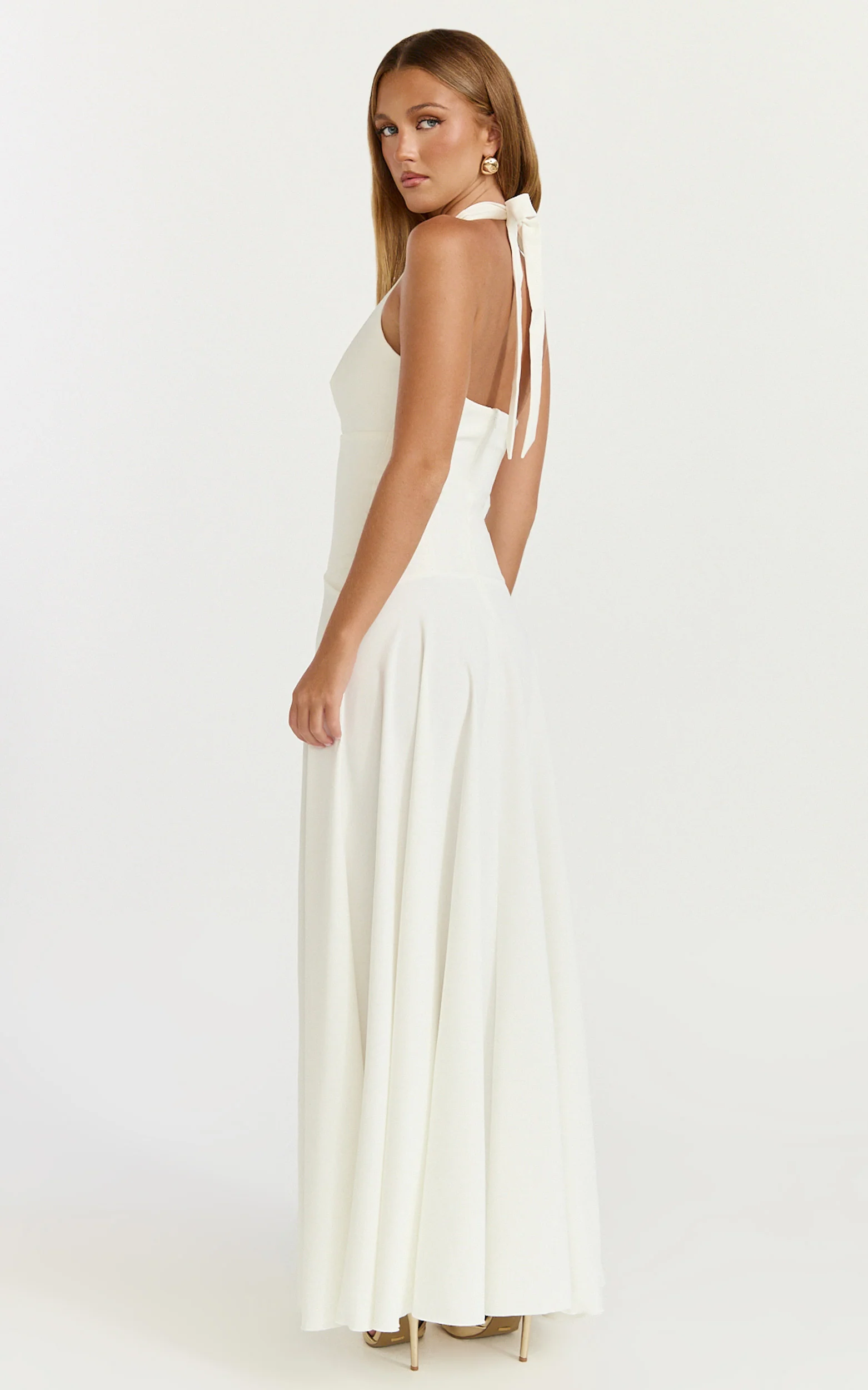Poppy Maxi Dress - Contrast Skirt Deep Plunge Halter Dress in Off White