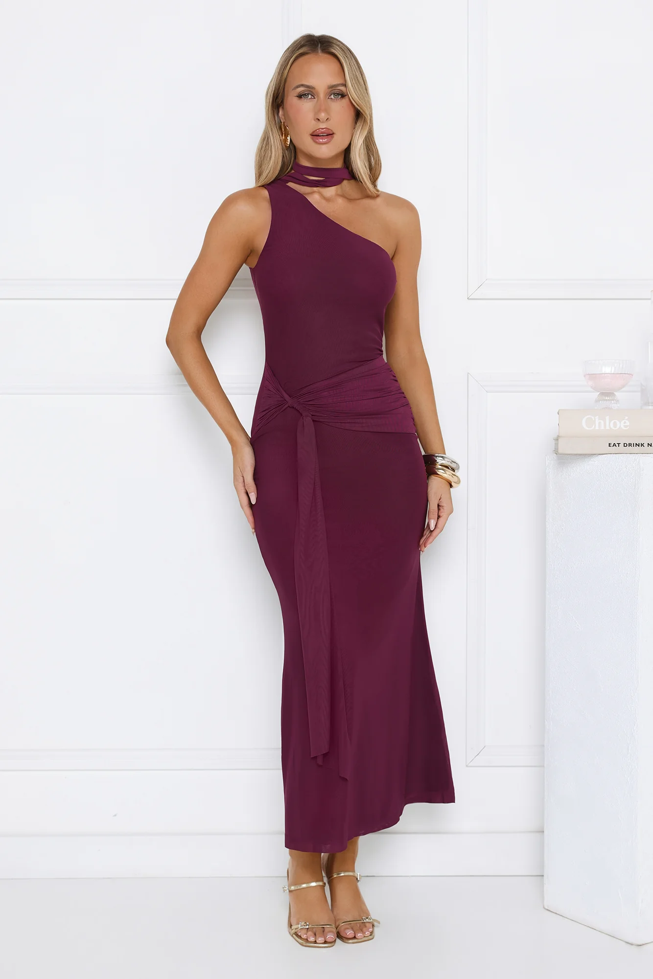 Aurora Elegance One Shoulder Mesh Maxi Dress Plum