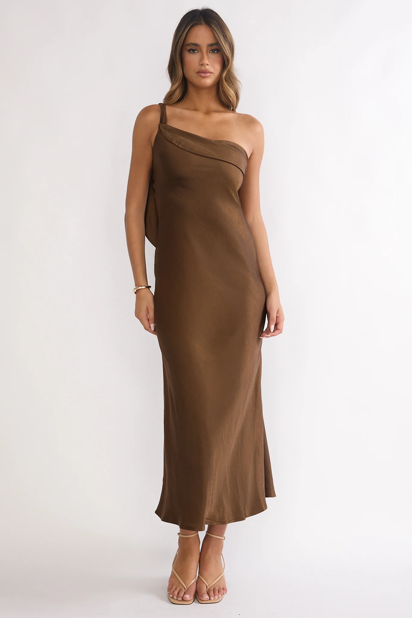 Carmel One-Shoulder Sash Maxi Dress Chocolate - luluinthesky