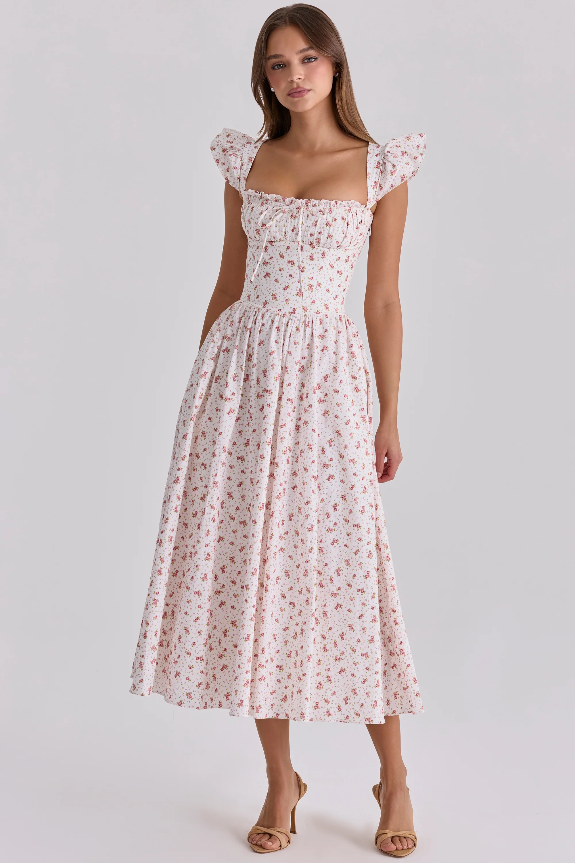 White Rose Print Cotton Midi Sundress