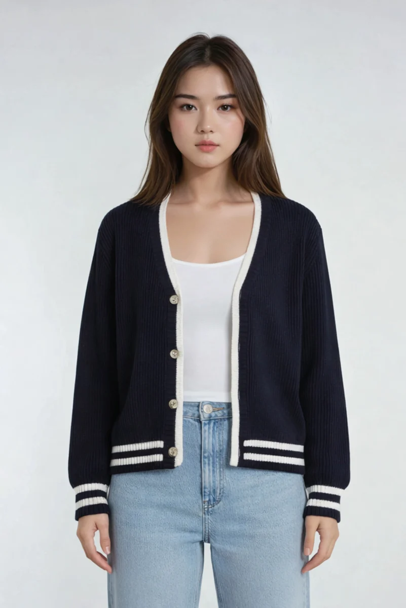 Oversized Contrast-Trim Ribbed Cardigan