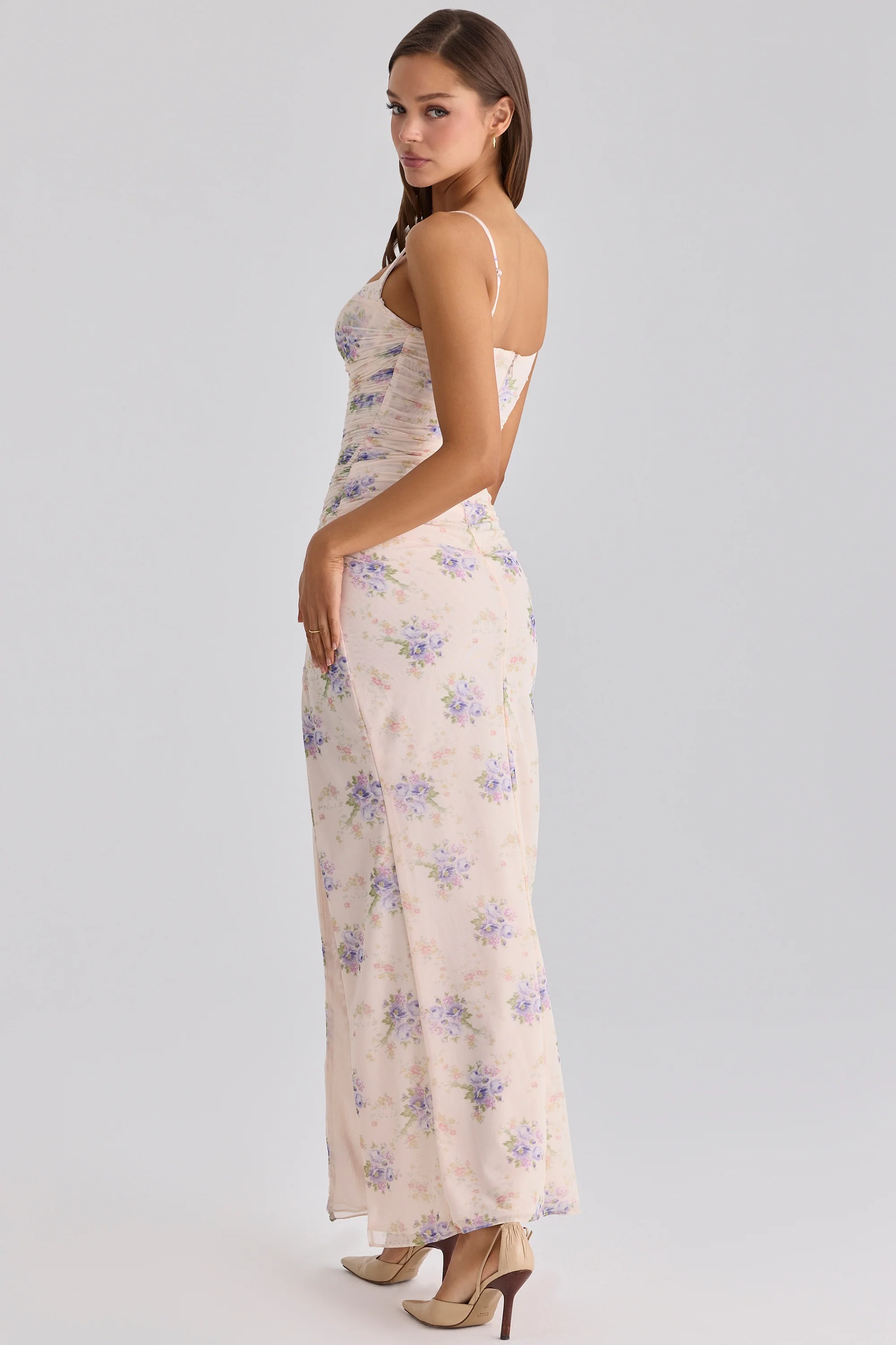 Ivory Sweet Peony Print Stretch Mesh Maxi Dress