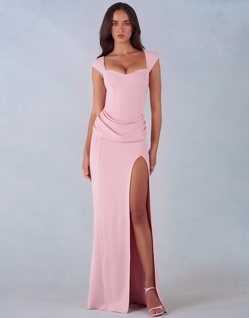 Oh Polly modal sweetheart neck cap sleeve draped detail maxi dress in blush pink