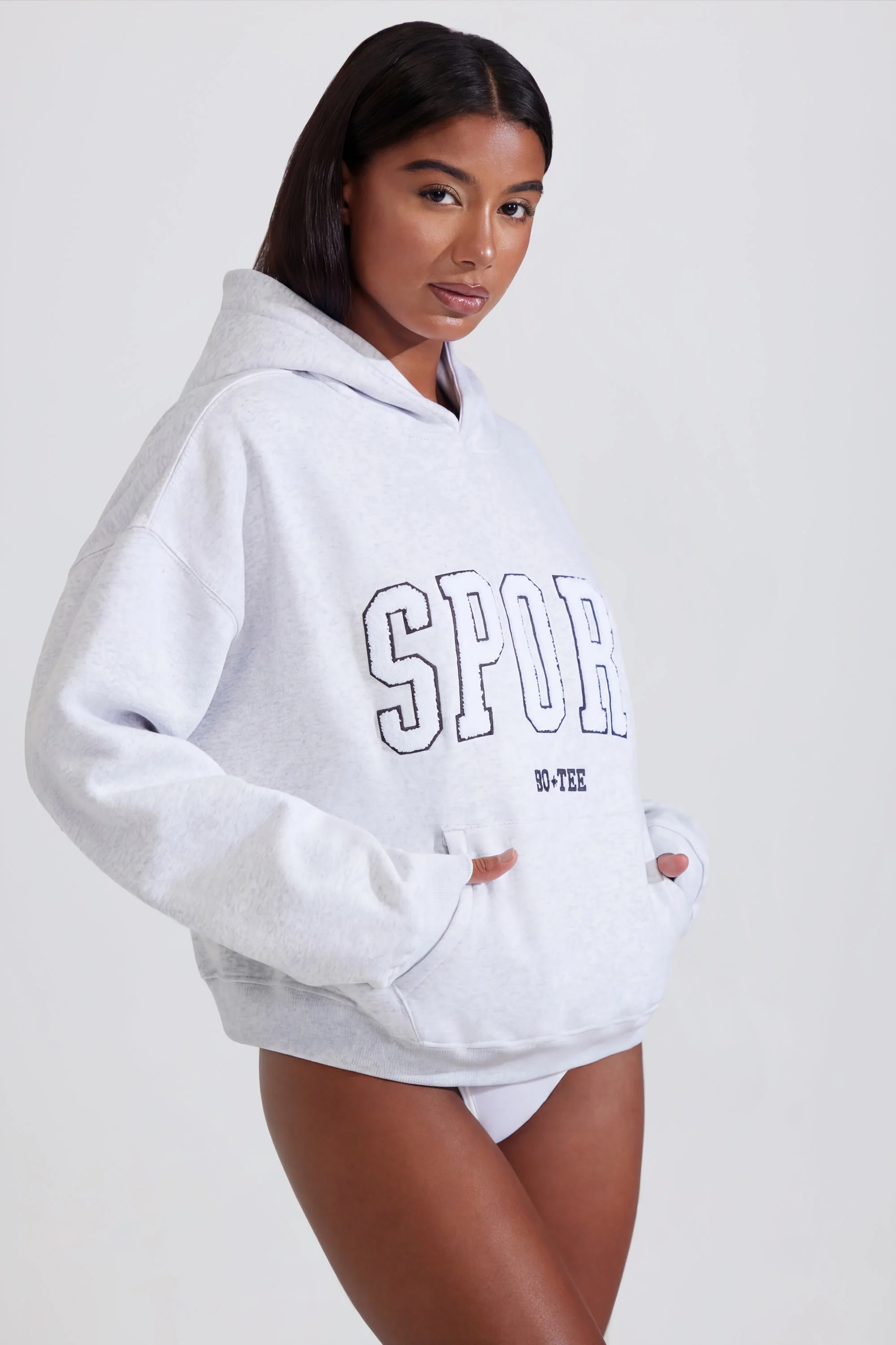 Soft Cotton Fleece Oversized Hoodie in Marl Grey