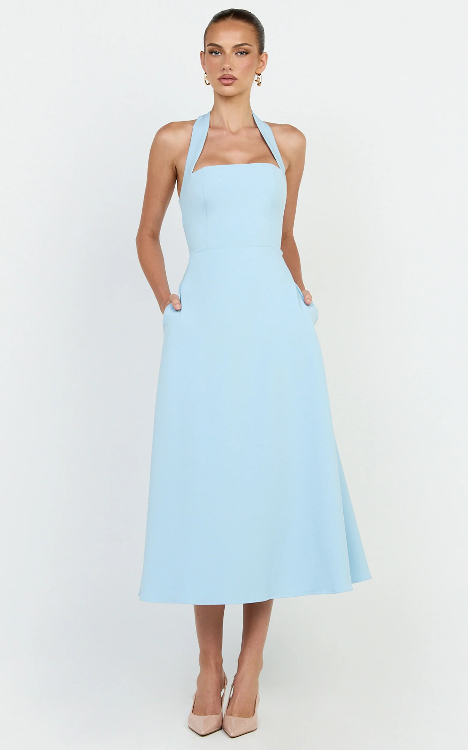Karissa Midi Dress - Halter Neck Fitted Bodice Midi Soft A Line Skirt Dress in Pale Blue