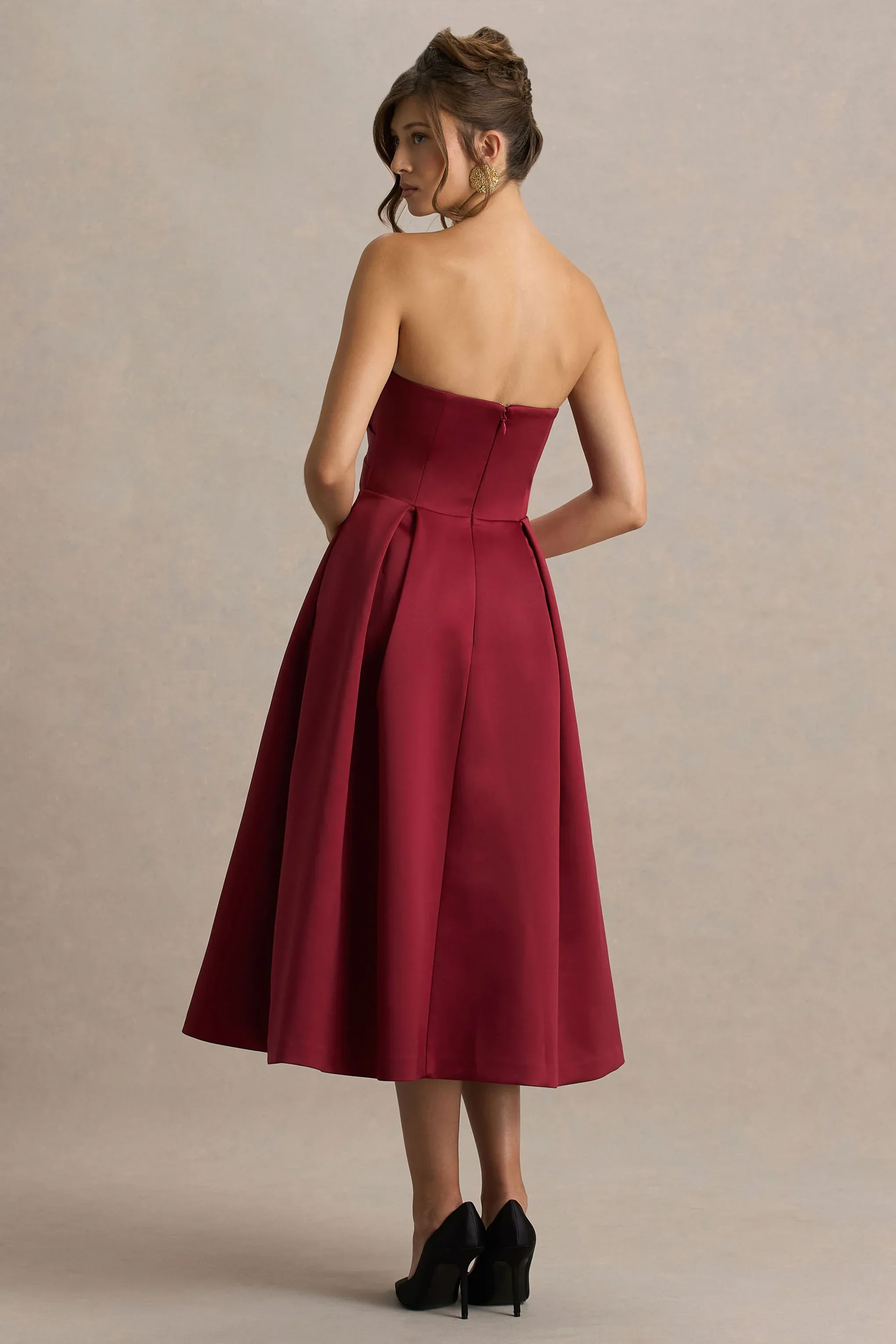 Promises | Red Satin Sweetheart-Neck Midi Dress
