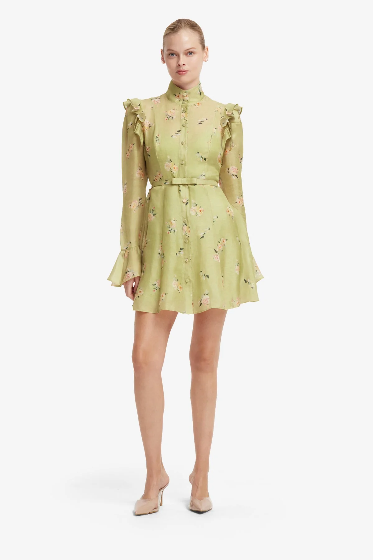 Kristy Butterfly Sleeve Mini Dress - Pistachio Rose Print