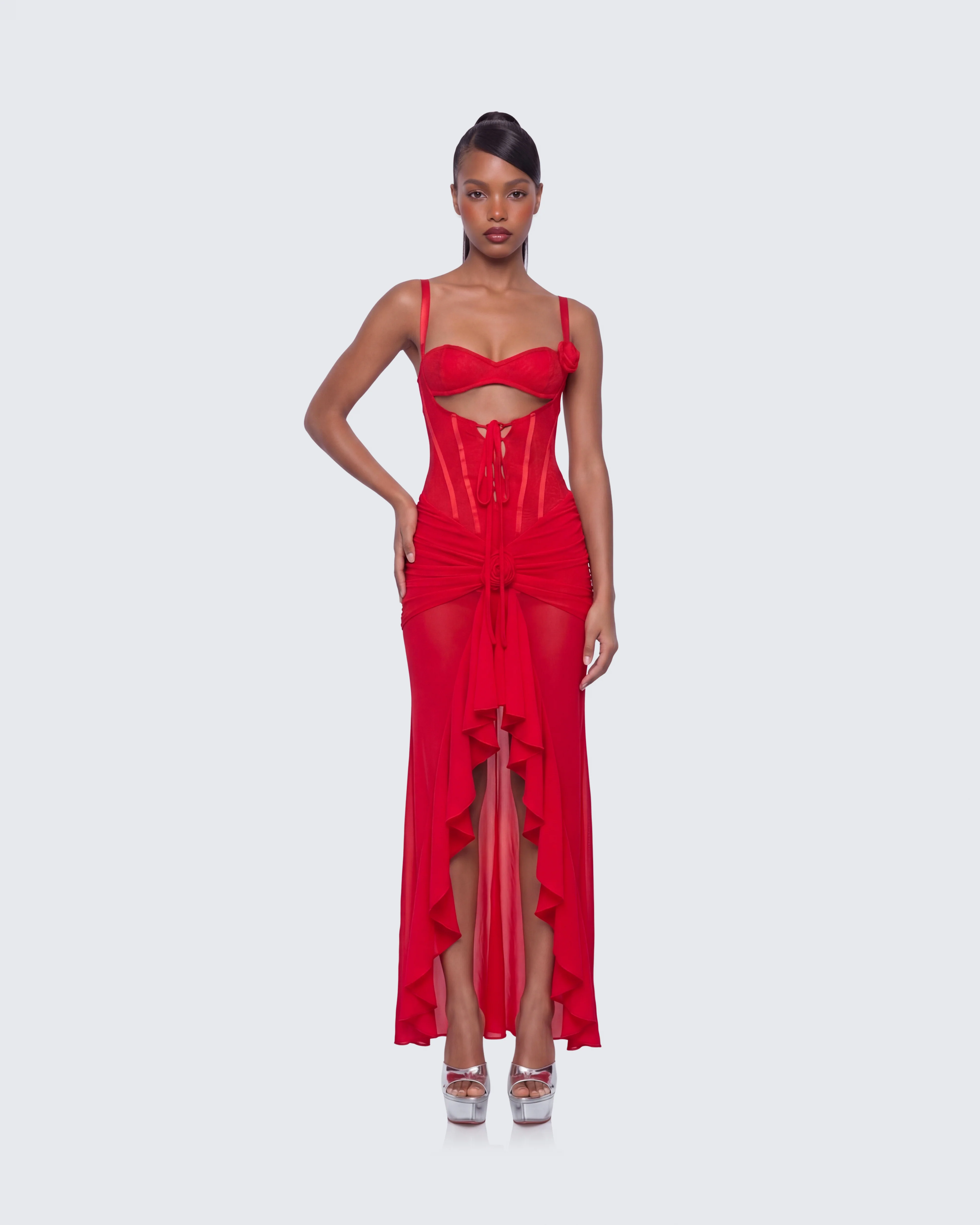 Solana Red Lace and Mesh Maxi Dress