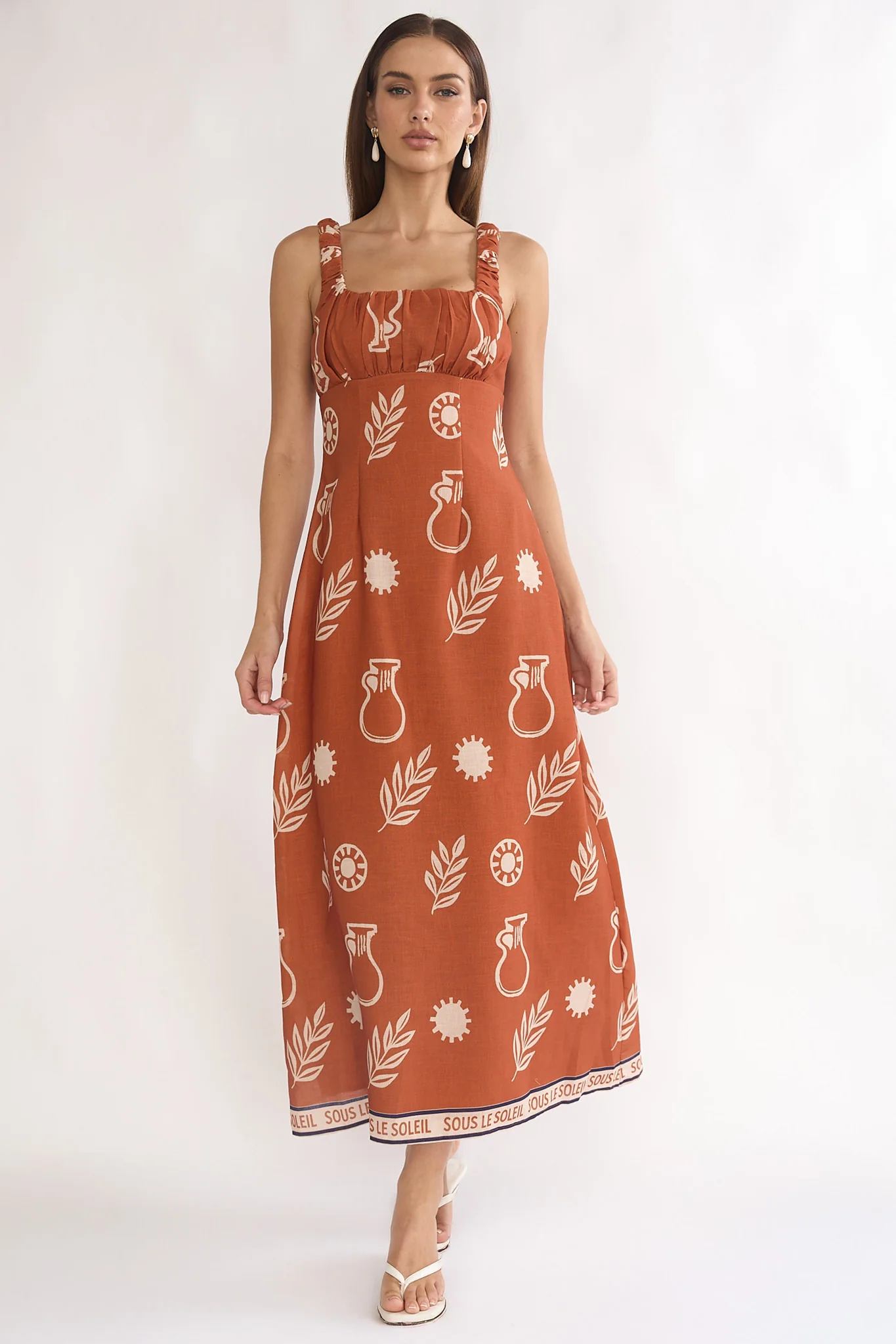Aila Gathered Bust Maxi Dress Print Tan