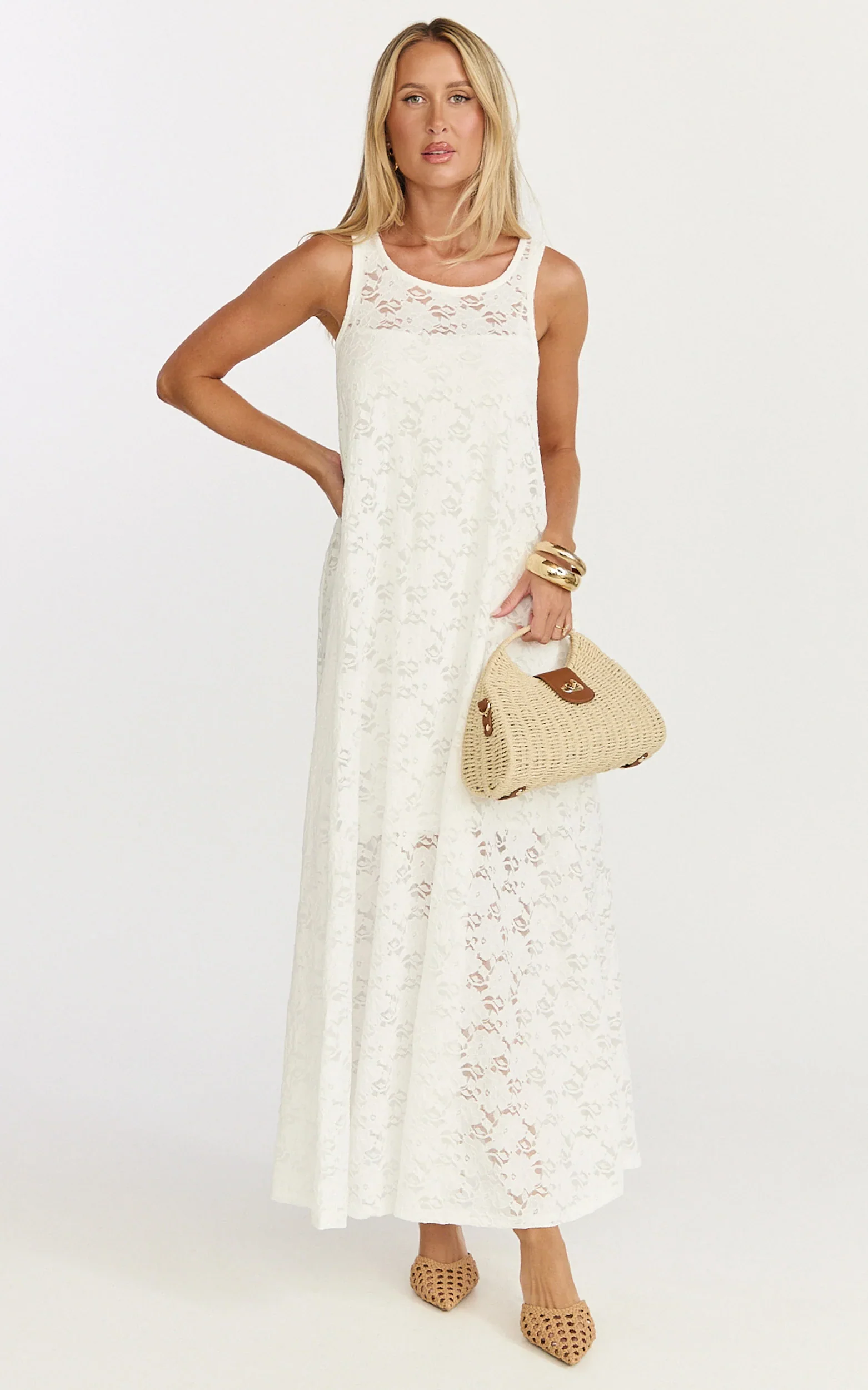 Bella Midi Dress - Lace Shift Dress in Off White