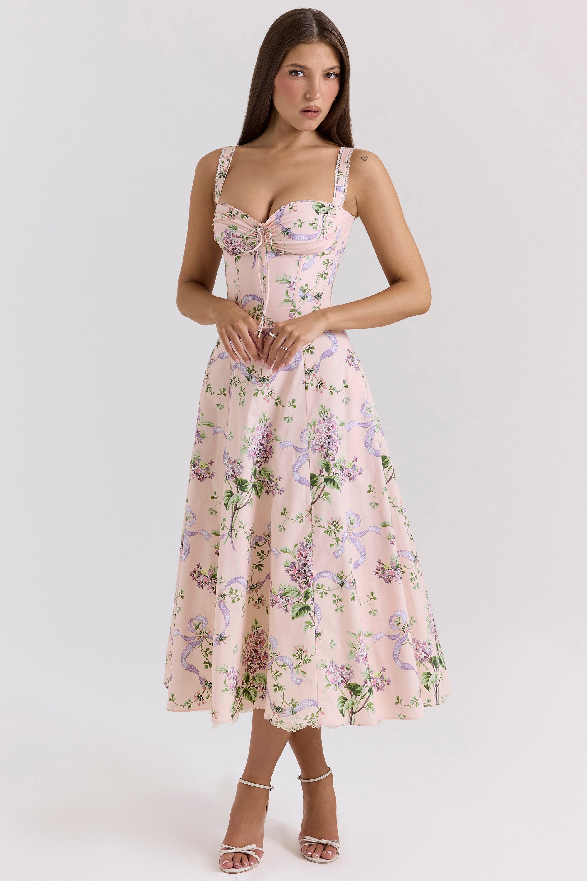 pink floral corset midi dress
