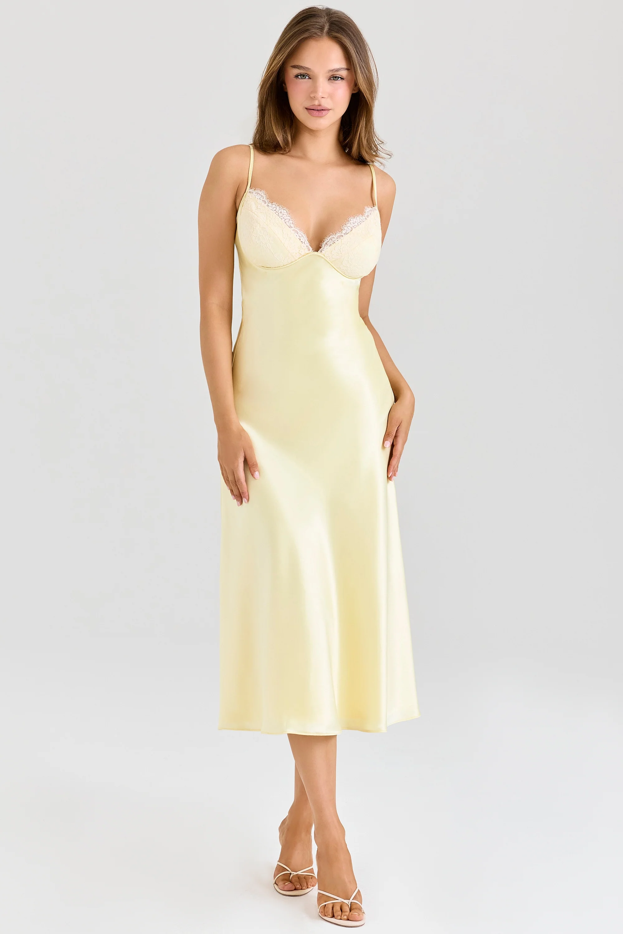 butter yellow satin bias cut midi dress