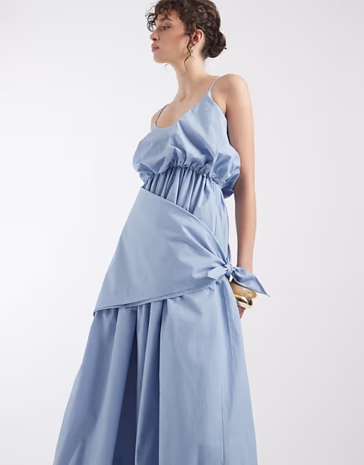 poplin puff sleeve midi dress with cinched scarf waist detail in steel blue