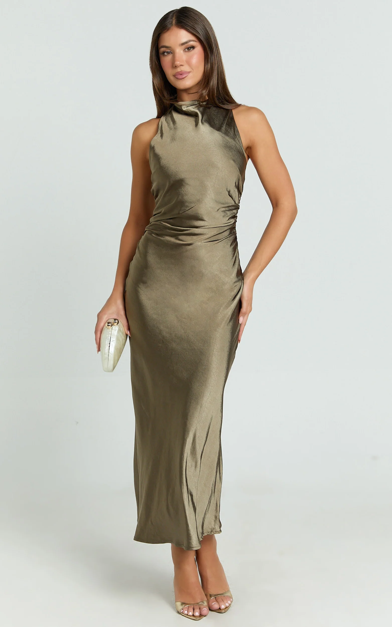 Aluna Midi Dress - High Neck Cross Back Satin Slip Dress in Olive