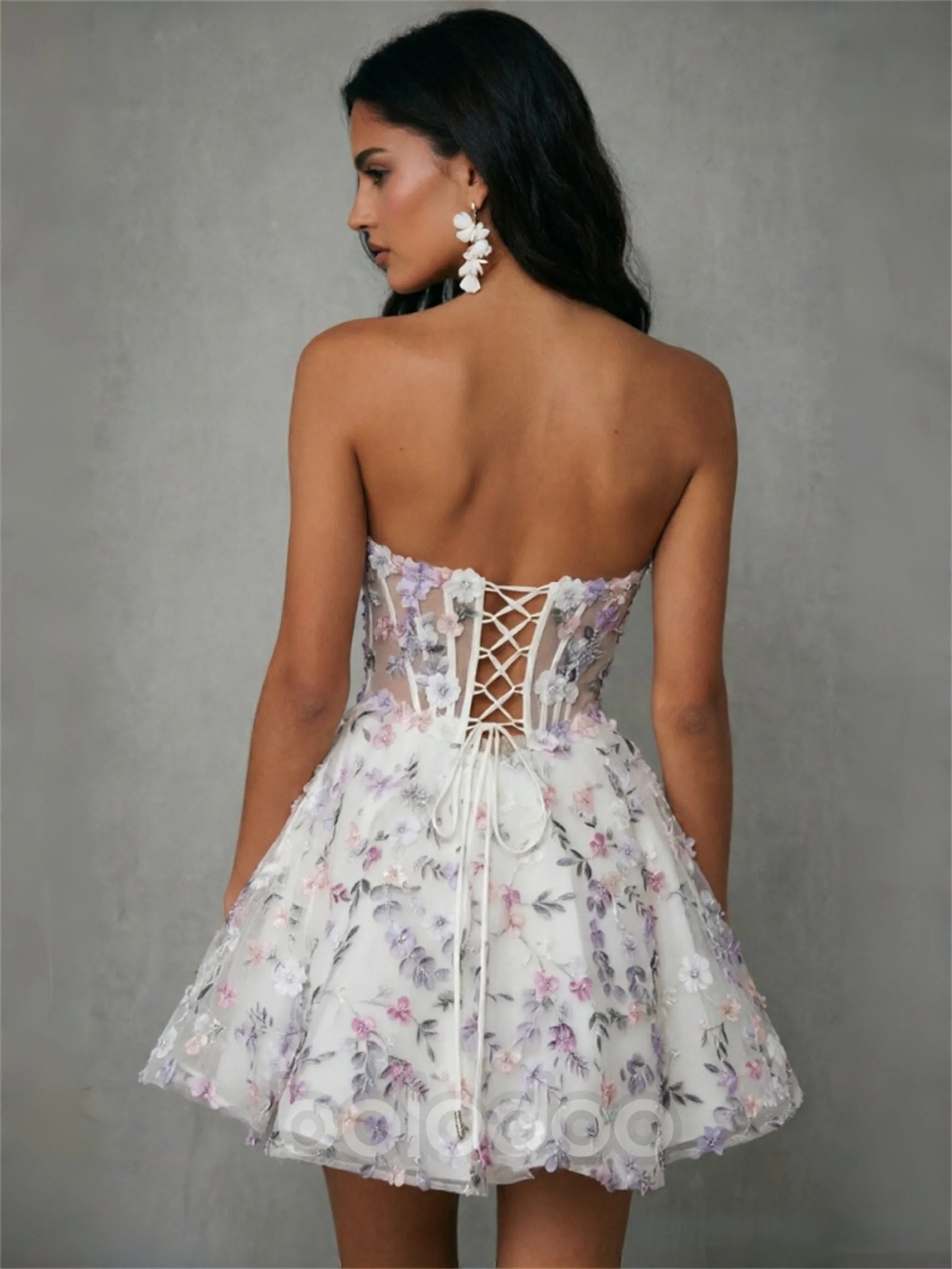 BOLODOO White Lavender 3D Floral Boned Corset Mini Dress Strapless Lace-Up | Prom Homecoming