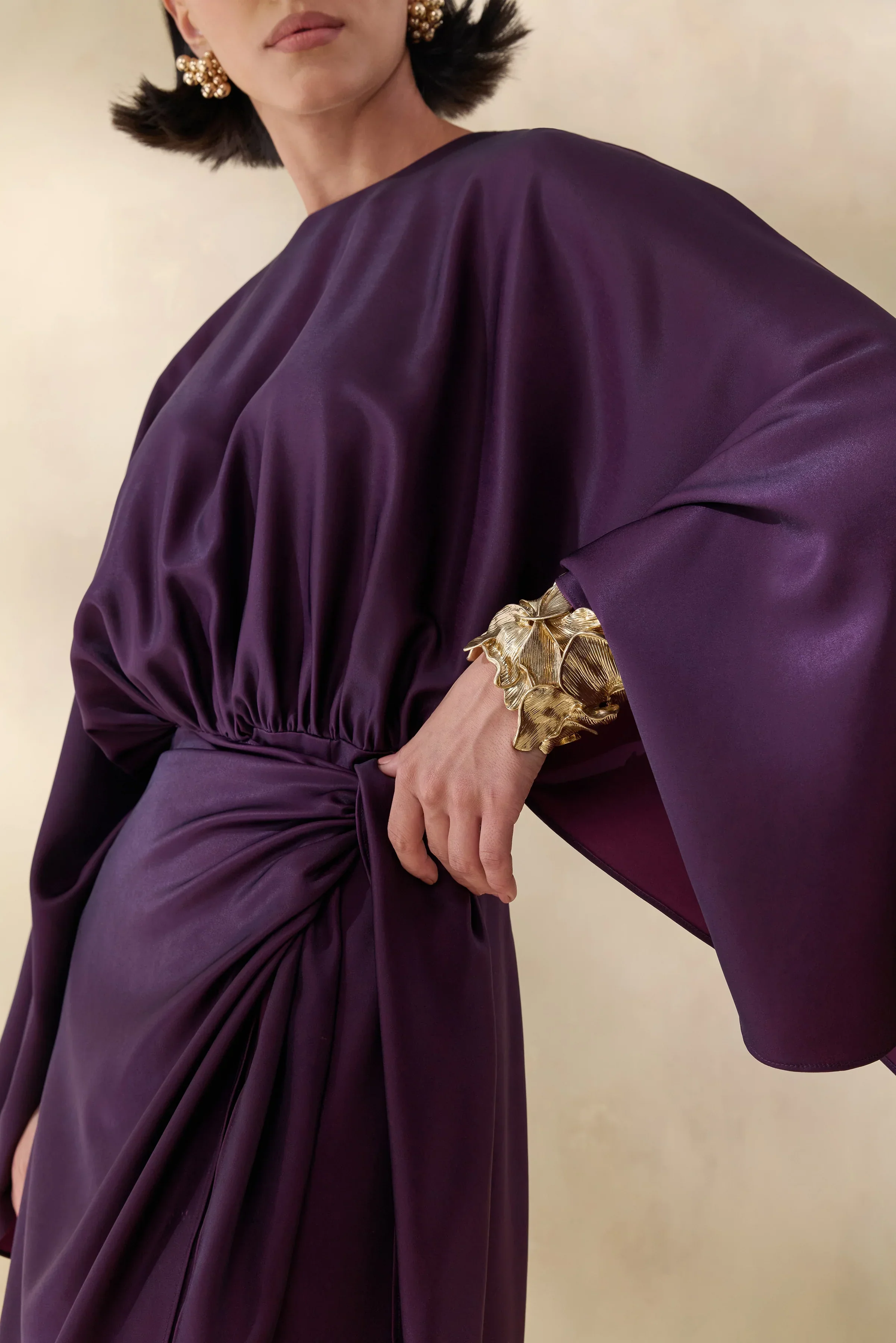 Delphina | Plum Satin Maxi Dress With Gathered And Knot-Detail
