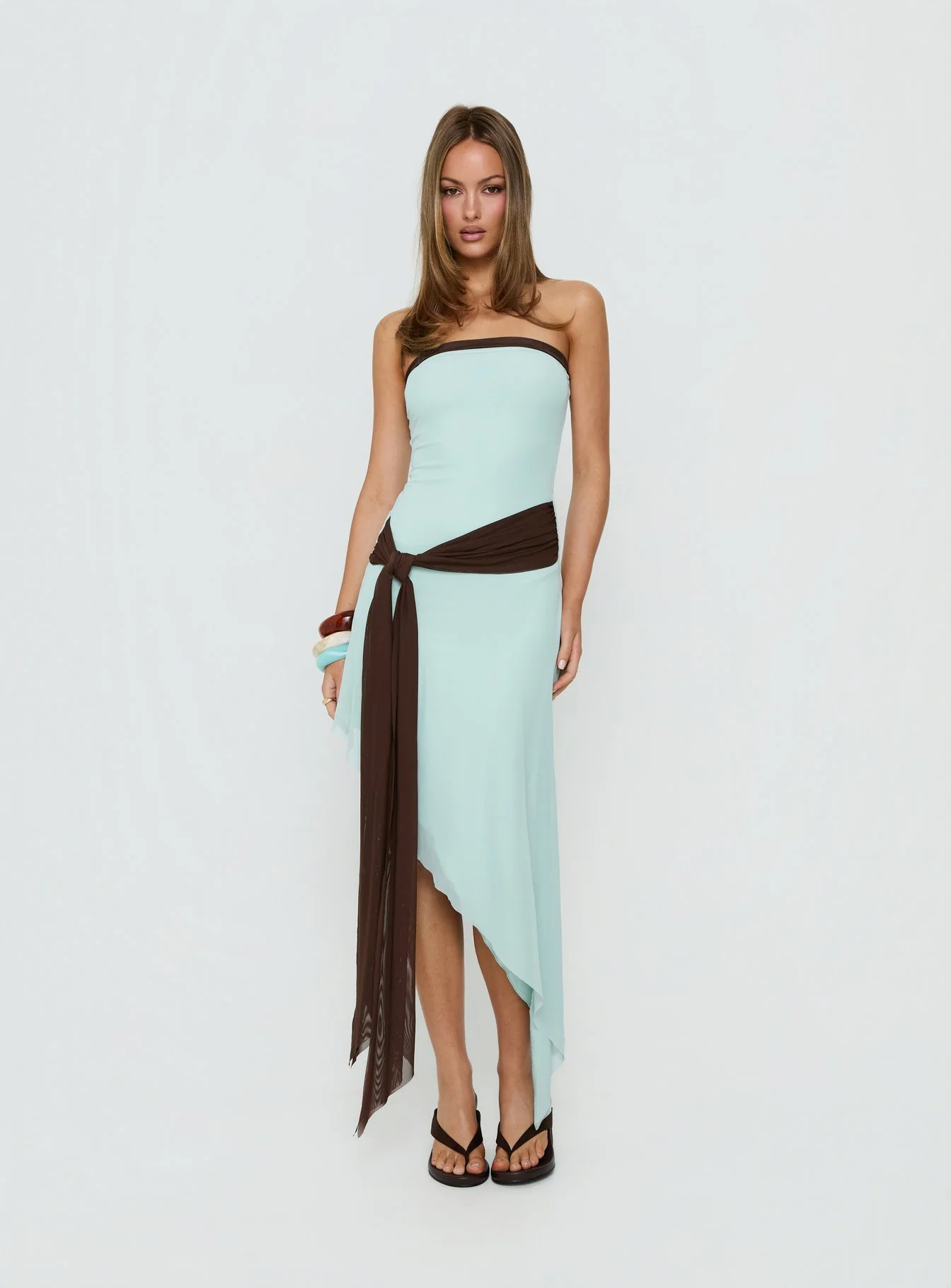 Esperina Strapless Asymmetrical Midi Dress Jelly Mint / Brown