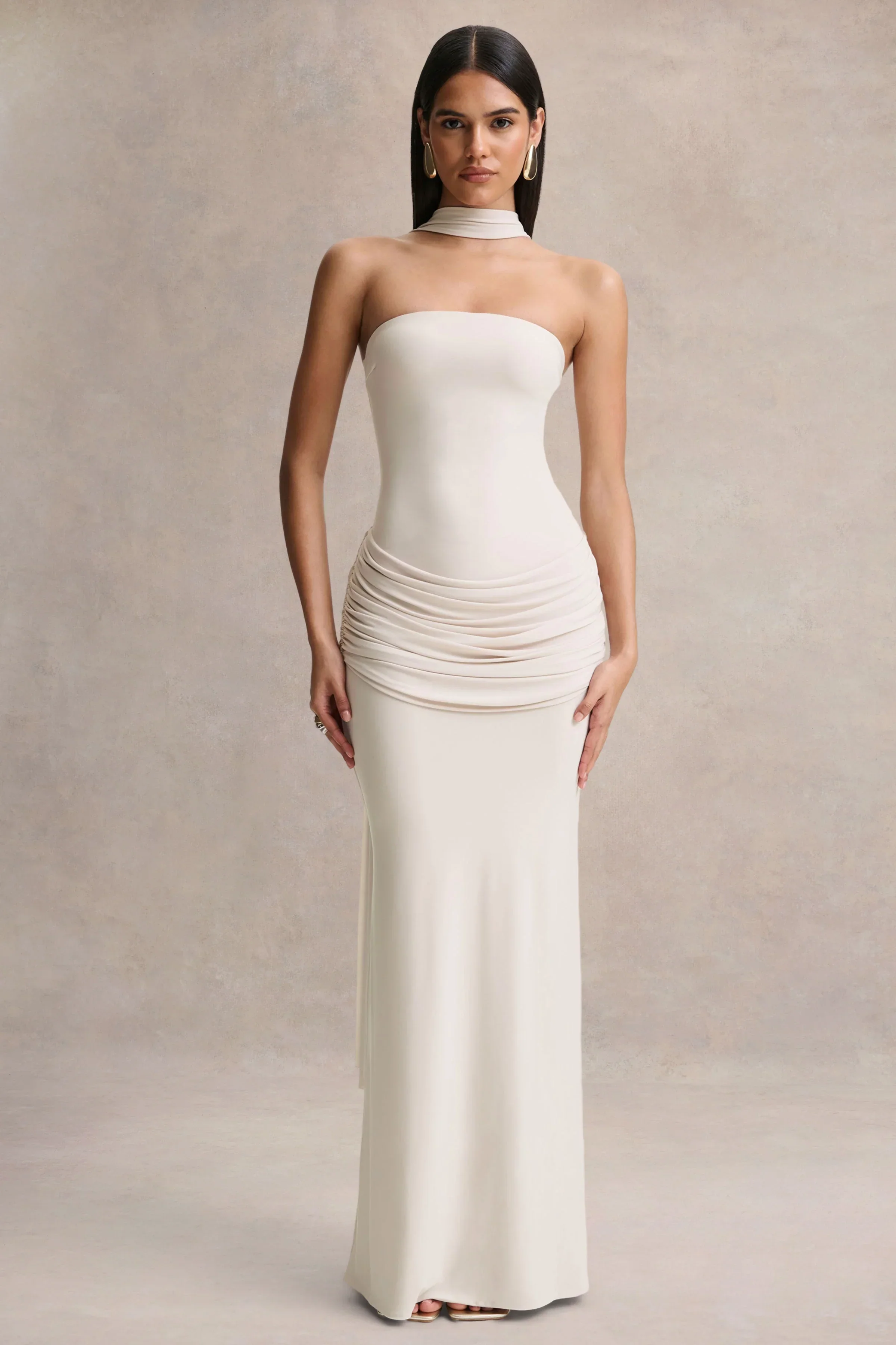 Graciella | Stone Bandeau Maxi Dress With Draped Detailing And Scarf