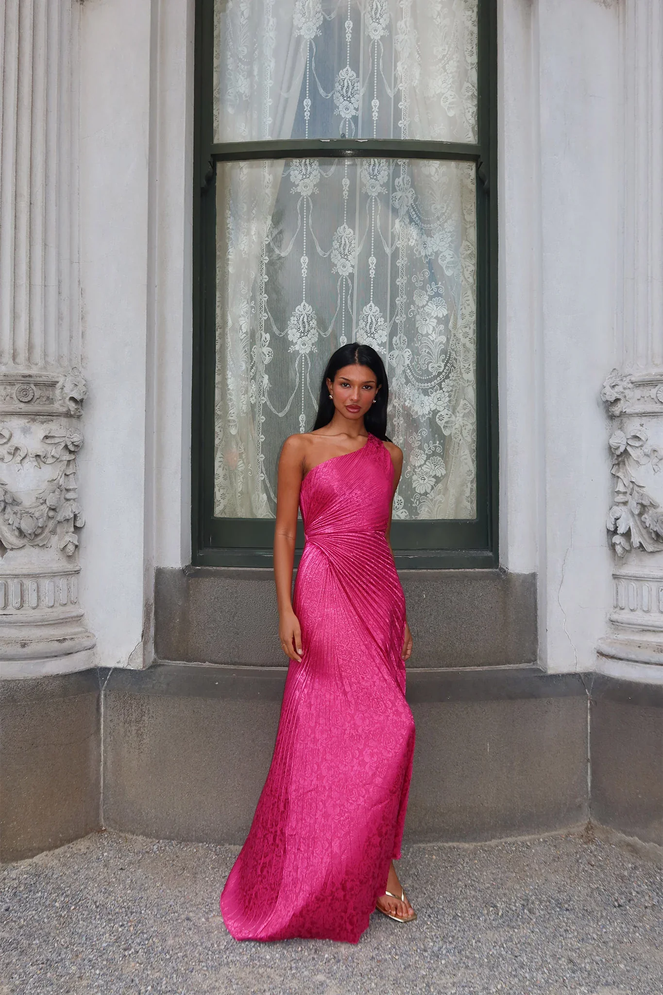 Amelie One-Shoulder Accordion Pleat Maxi Dress Floral Fuchsia