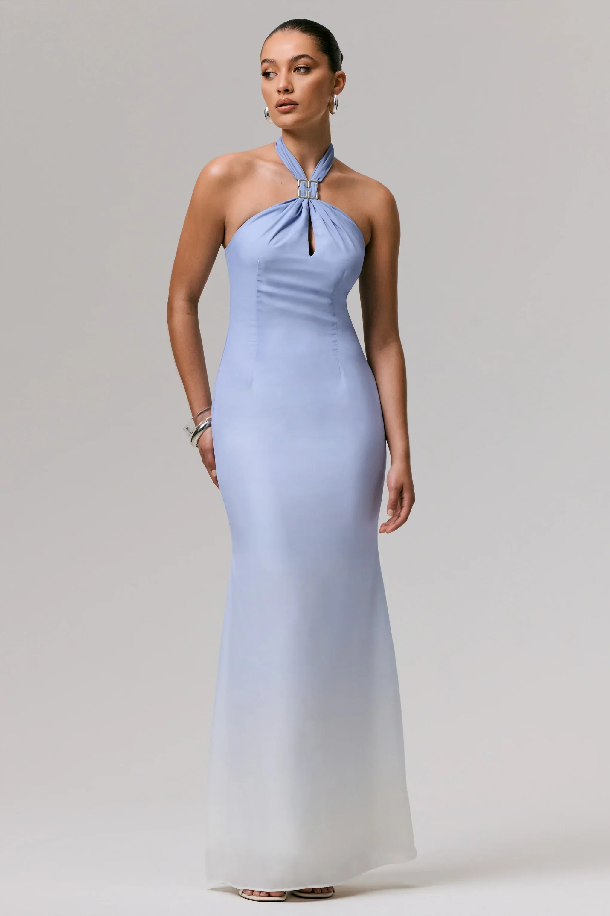 Sharni | Blue Ombre Chiffon Halter-Neck Maxi Dress