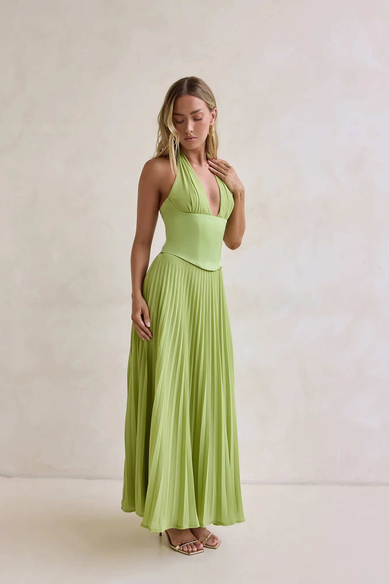 Paradise Falls Plisse Halter Maxi Dress Lime Green