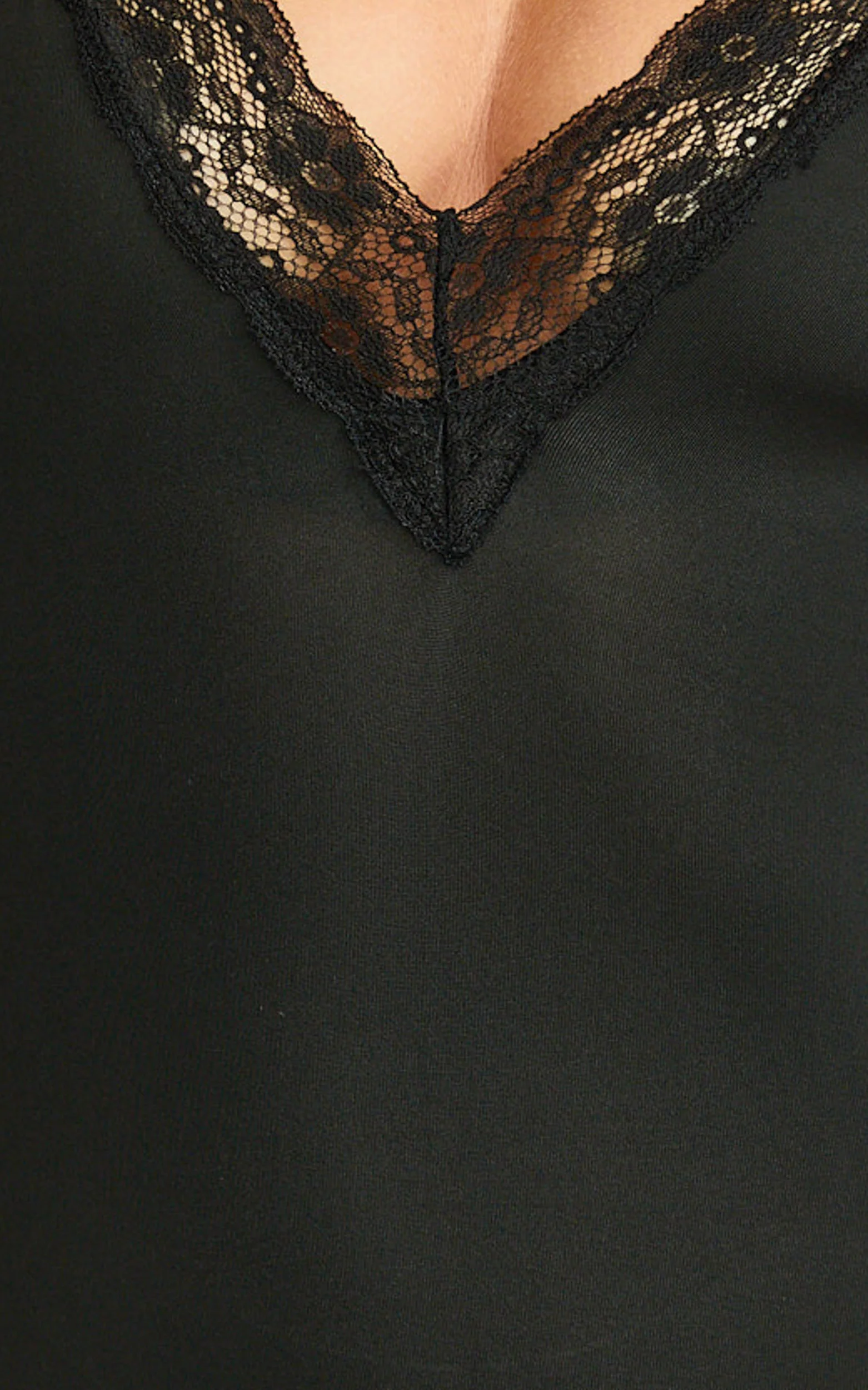 Amelie Bodysuit - Lace Trim V Neck Bodysuit with Shelf Bra in Black