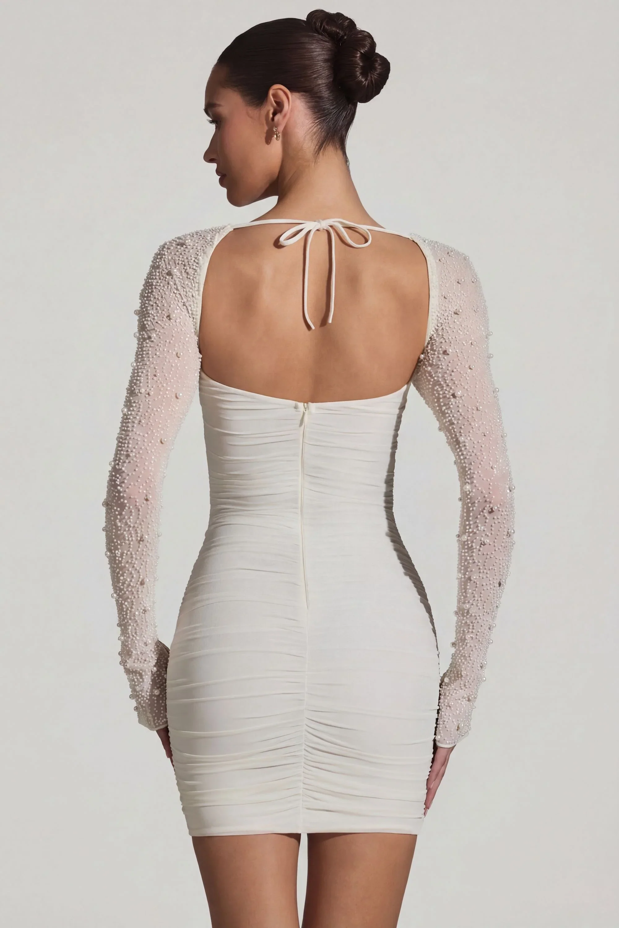 Embellished Long-Sleeve Mini Dress in White