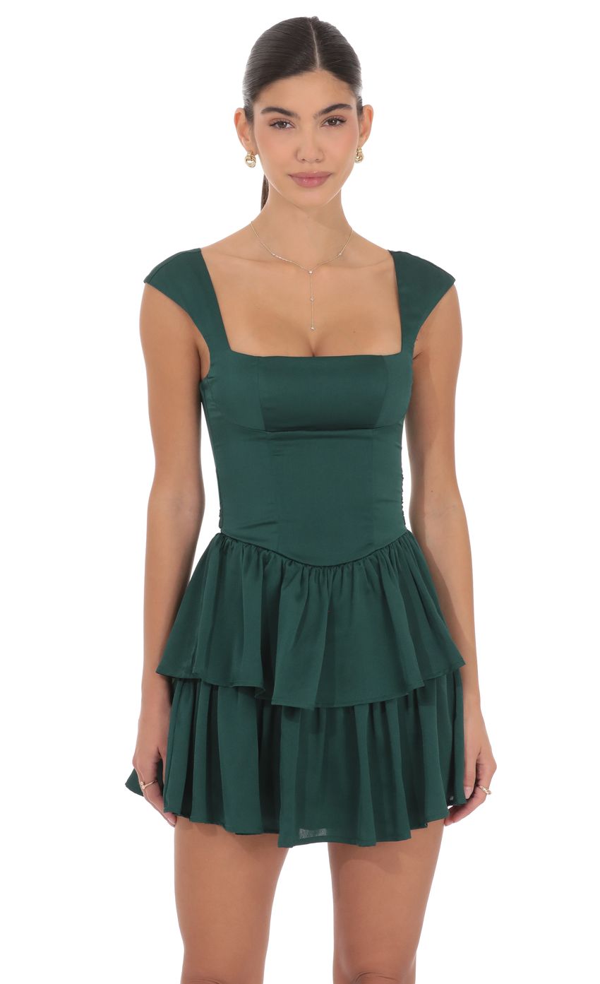 Satin Wide Strap Ruffle Dress in Green
