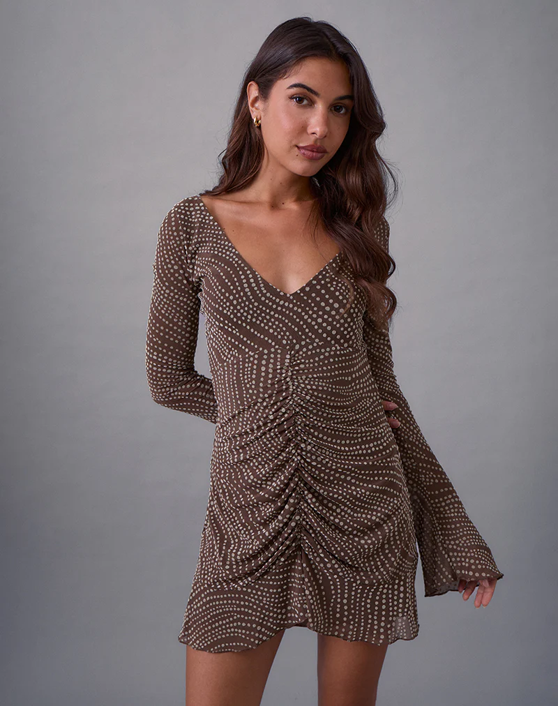 Sumiko Mini Dress in Abstract Polka Flock Brown