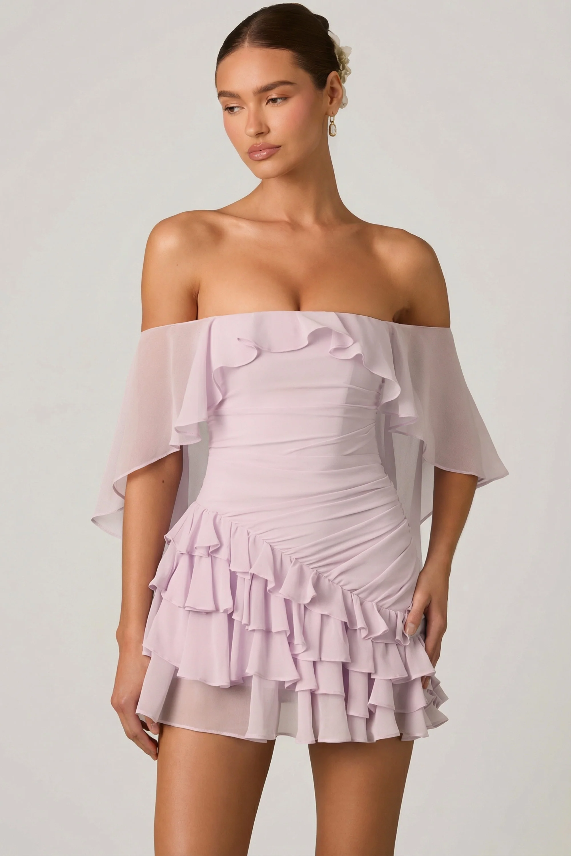 Off-Shoulder Ruffled Mini Dress in Lilac