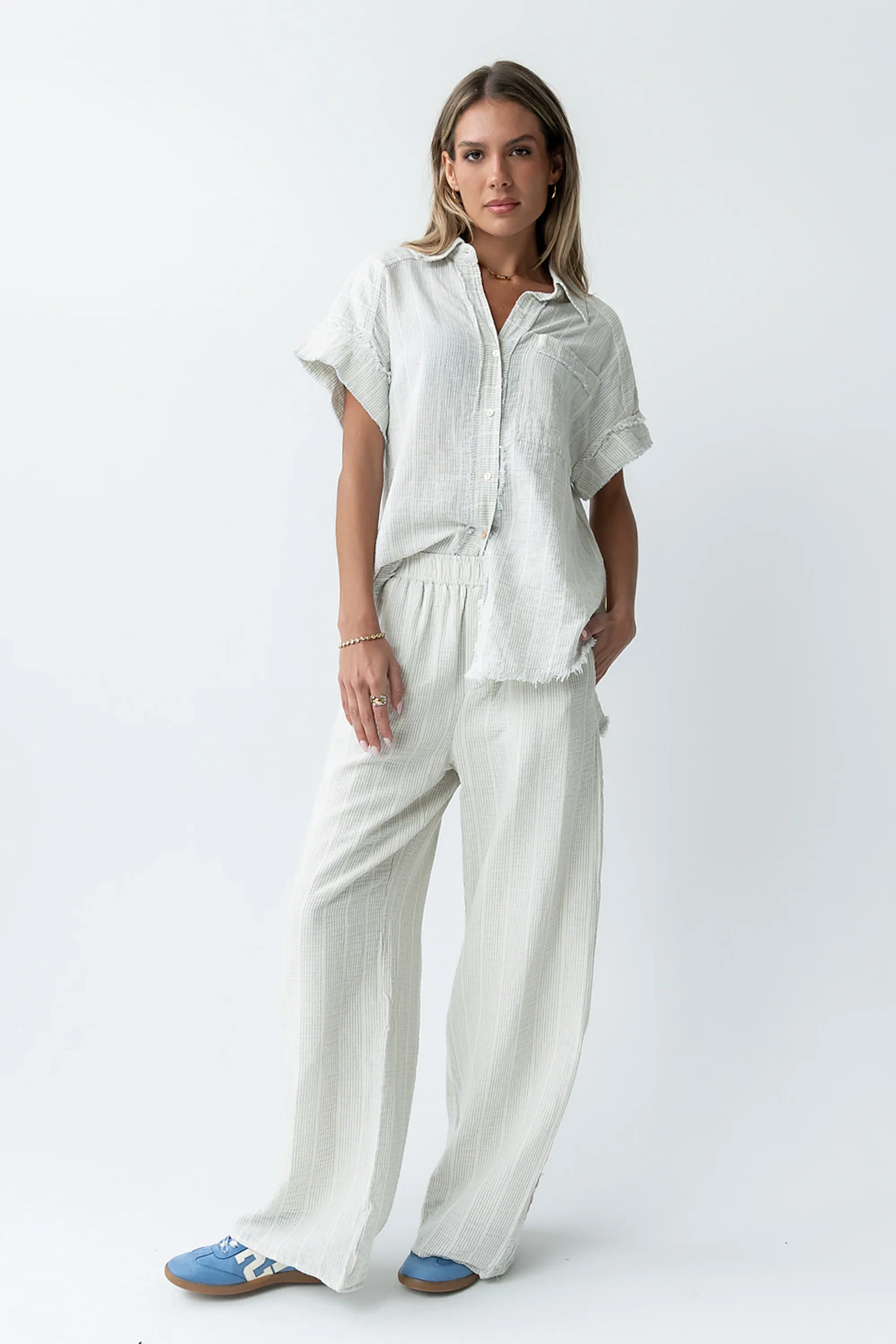 Belen Striped Button Up in Denim Blue