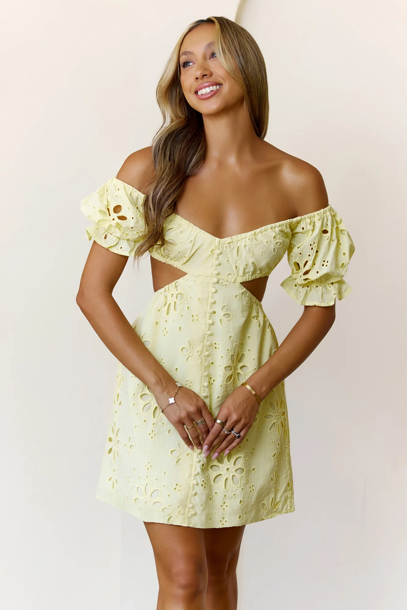Love That Lasts Off Shoulder Embroidered Mini Dress Yellow