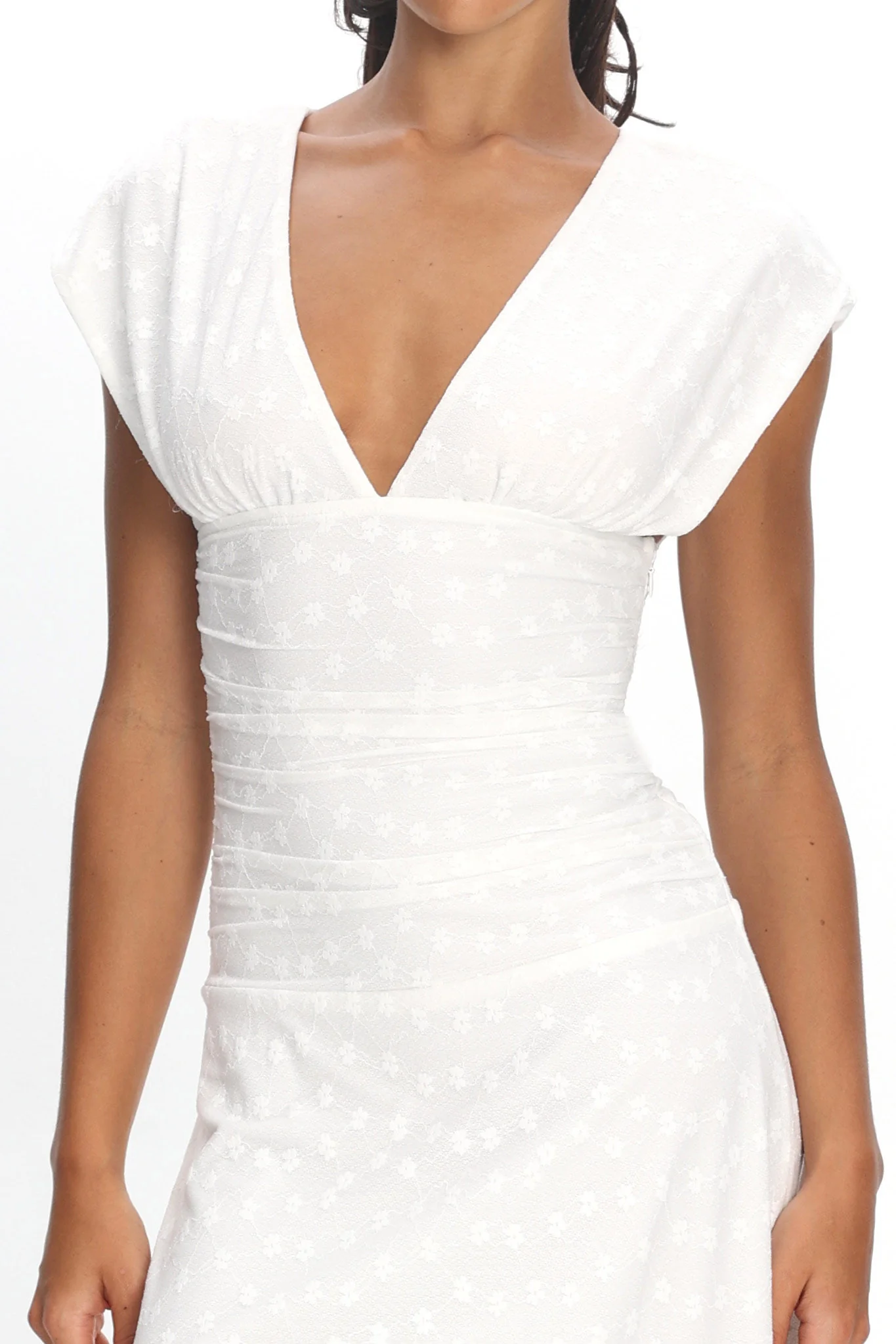 Novia Ruched Bodice Maxi Dress Embroidered Off White