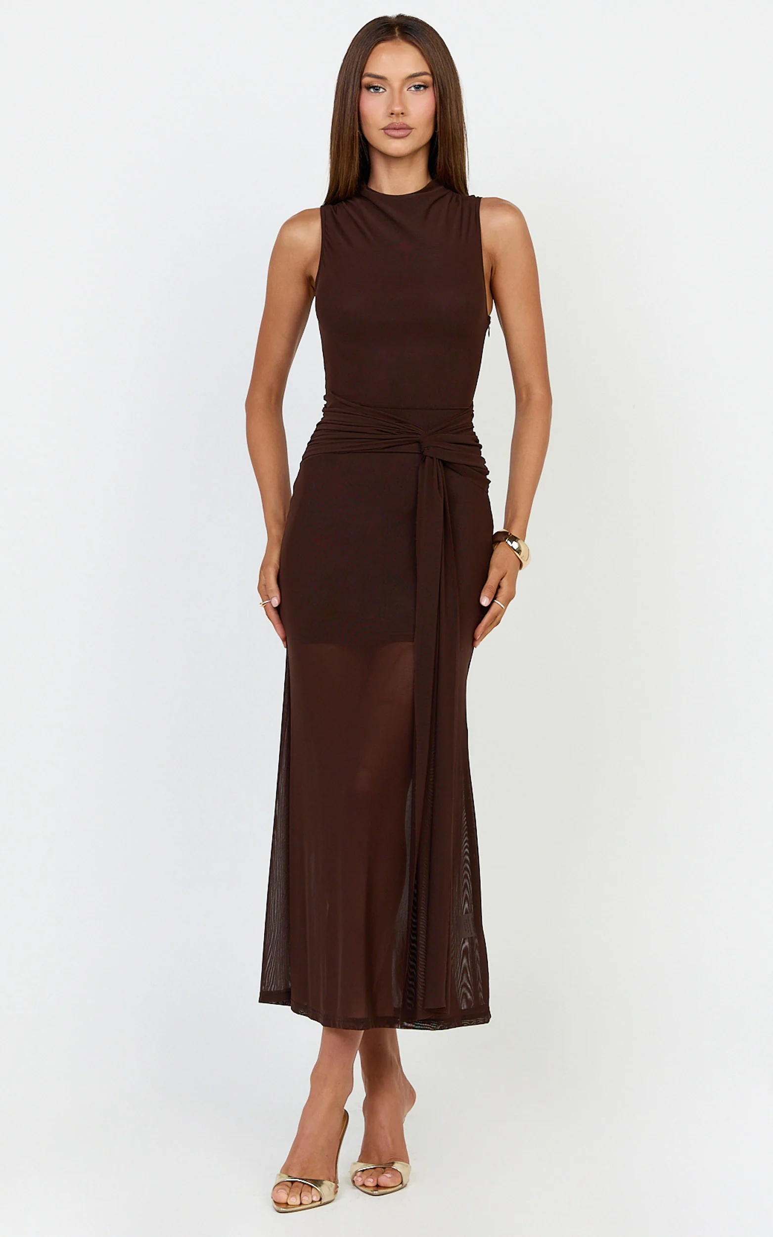 Jaimae Midi Dress - High Neck Side Knot Detail Mesh Dress in Chocolate