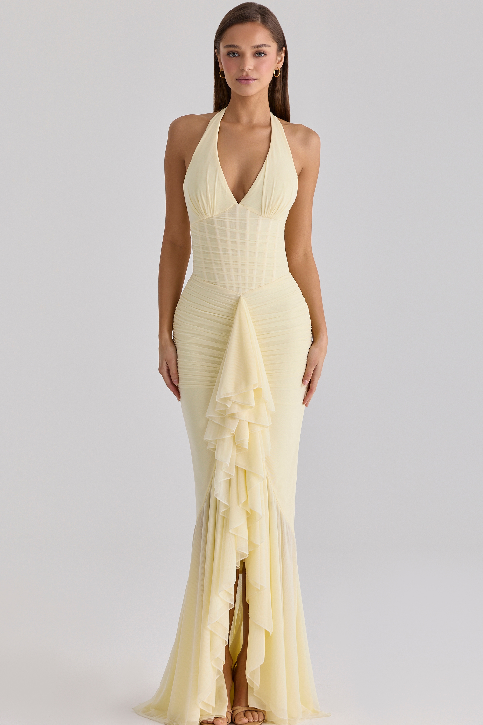 lemon mesh silhouette maxi dress