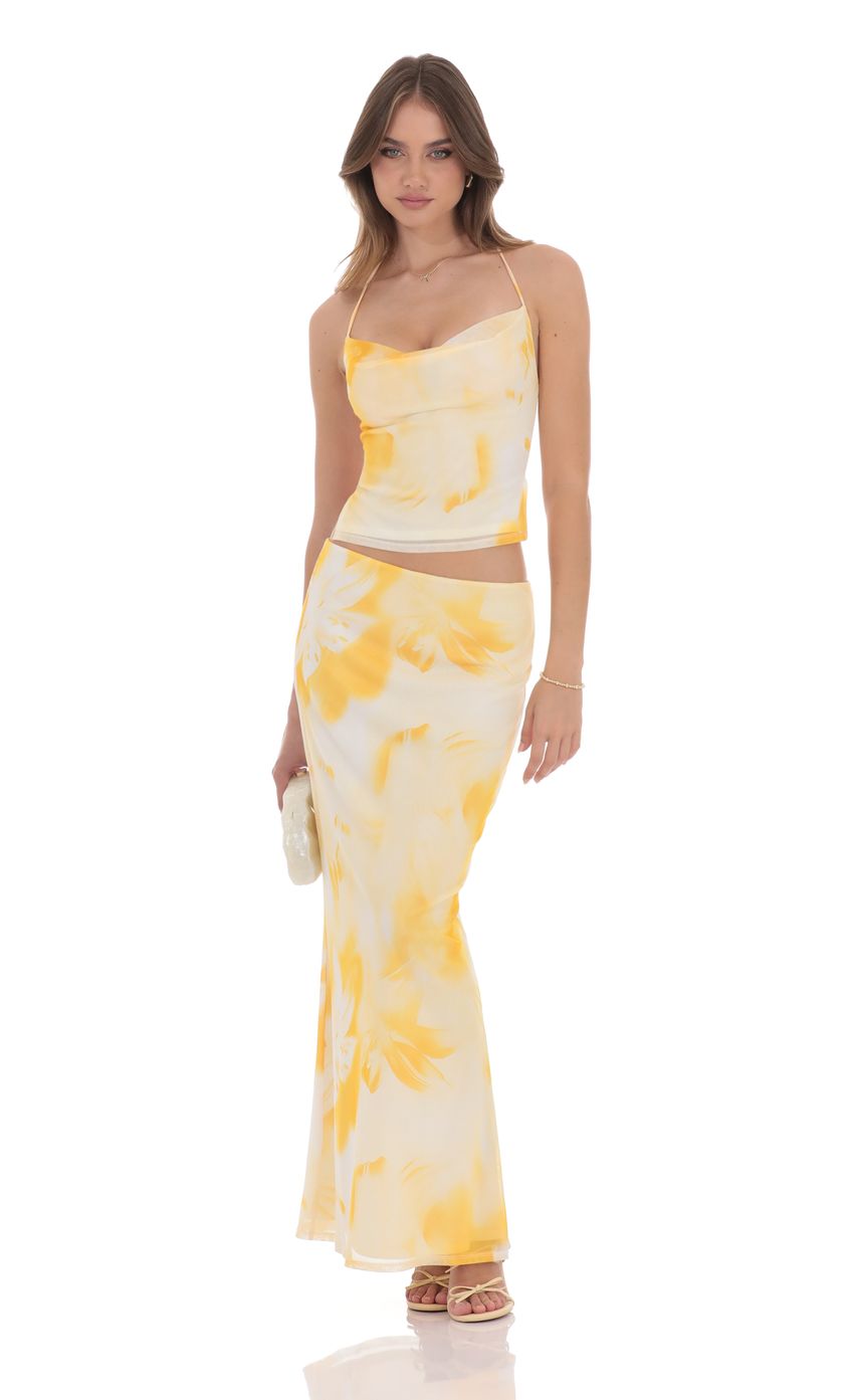 Floral Cowl Neck Two Piece Set in Yellow